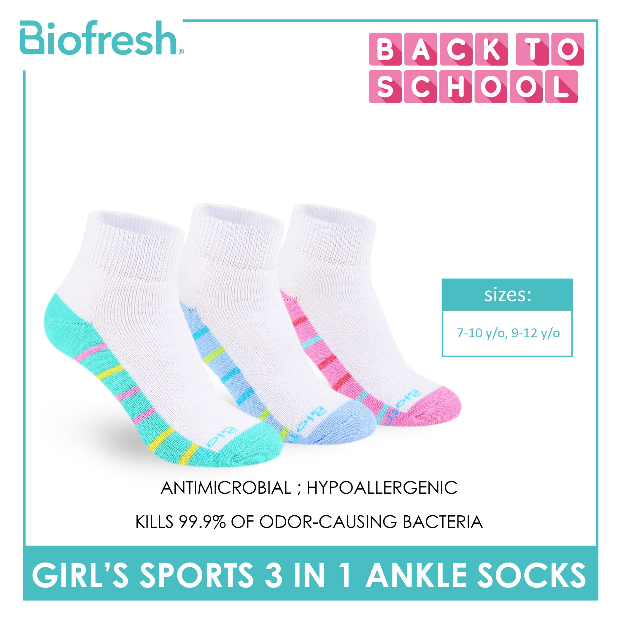 Biofresh Girl's Antimicrobial Cotton Thick Sports Ankle Socks 3 pairs in 1 pack RGSKG29