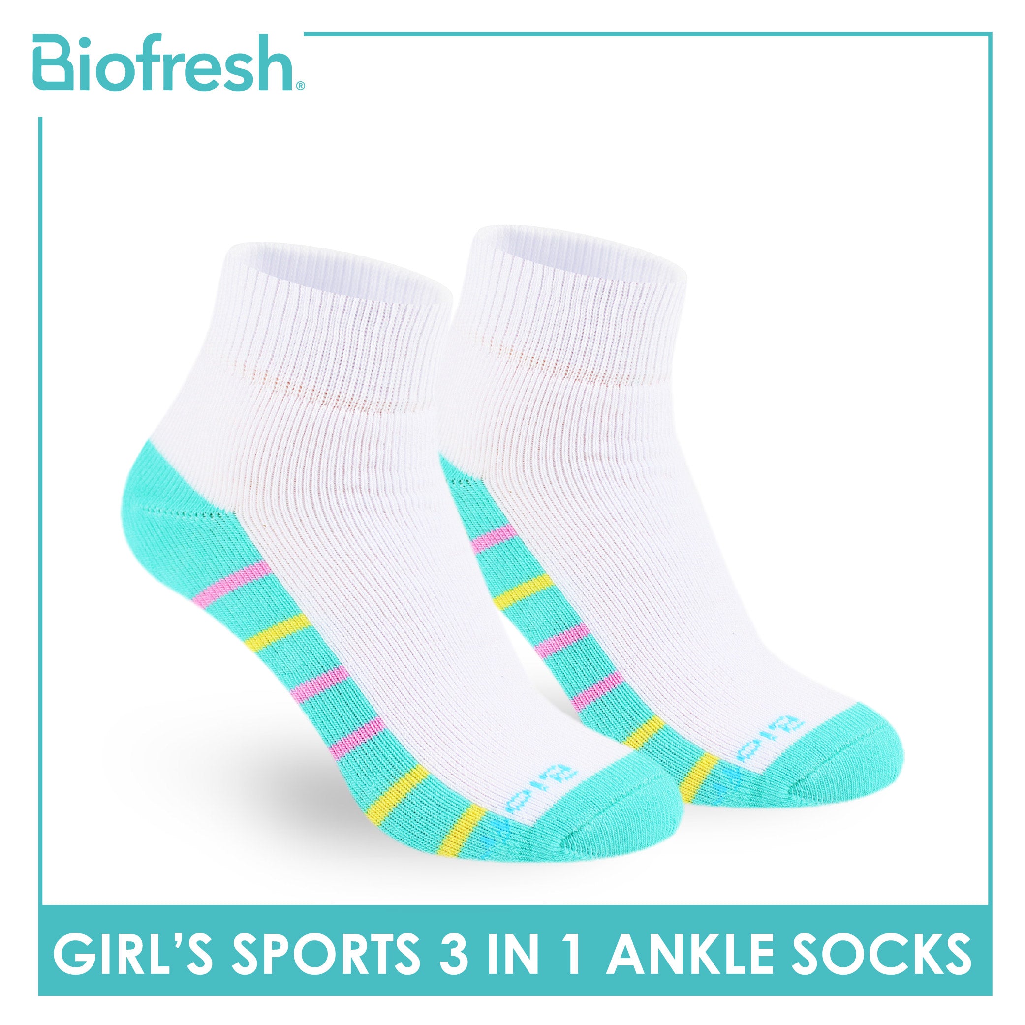 Biofresh Girl's Antimicrobial Cotton Thick Sports Ankle Socks 3 pairs in 1 pack RGSKG29