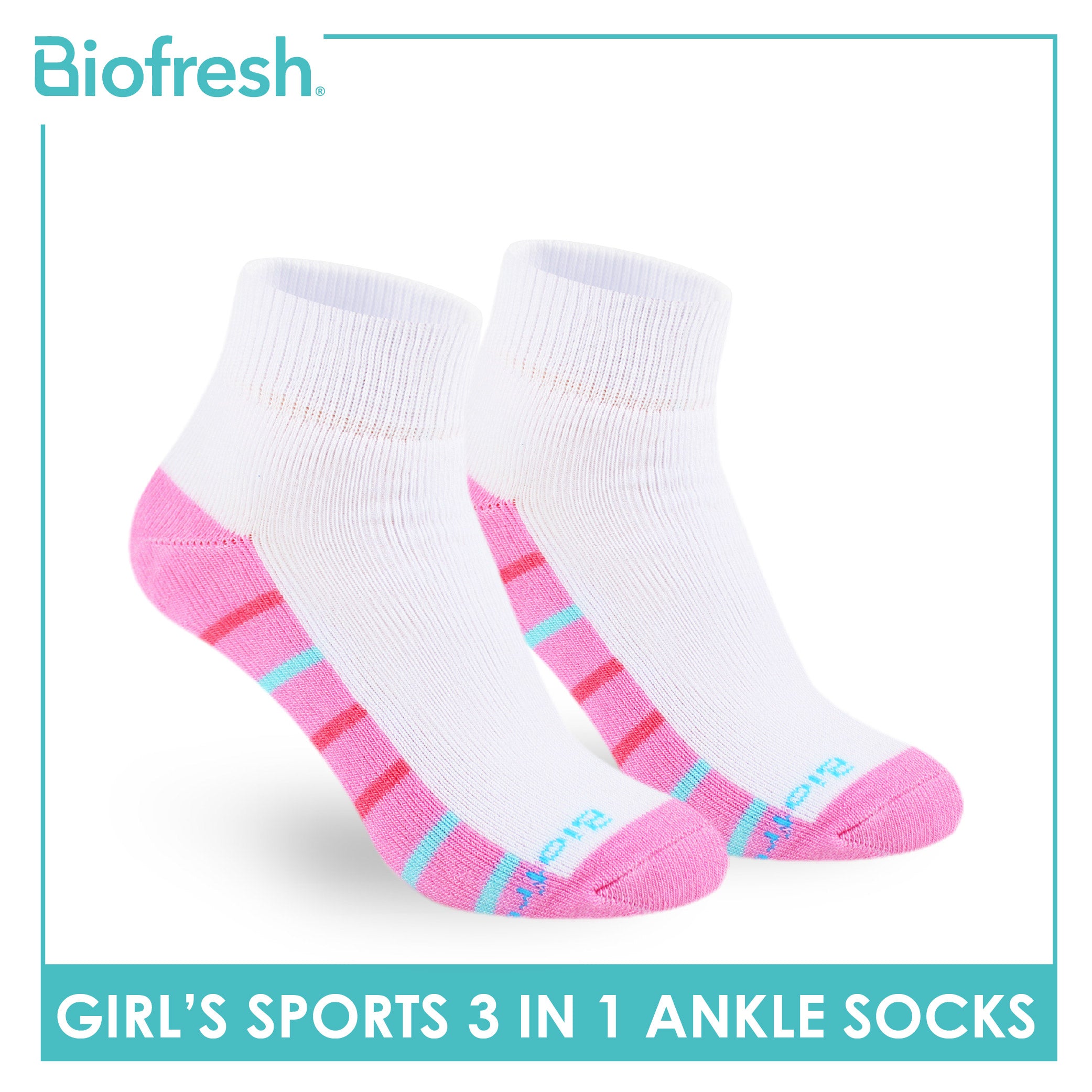 Biofresh Girl's Antimicrobial Cotton Thick Sports Ankle Socks 3 pairs in 1 pack RGSKG29