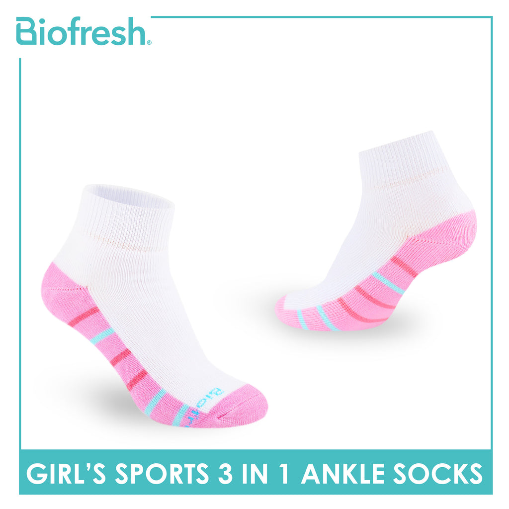 Biofresh Girl's Antimicrobial Cotton Thick Sports Ankle Socks 3 pairs in 1 pack RGSKG29