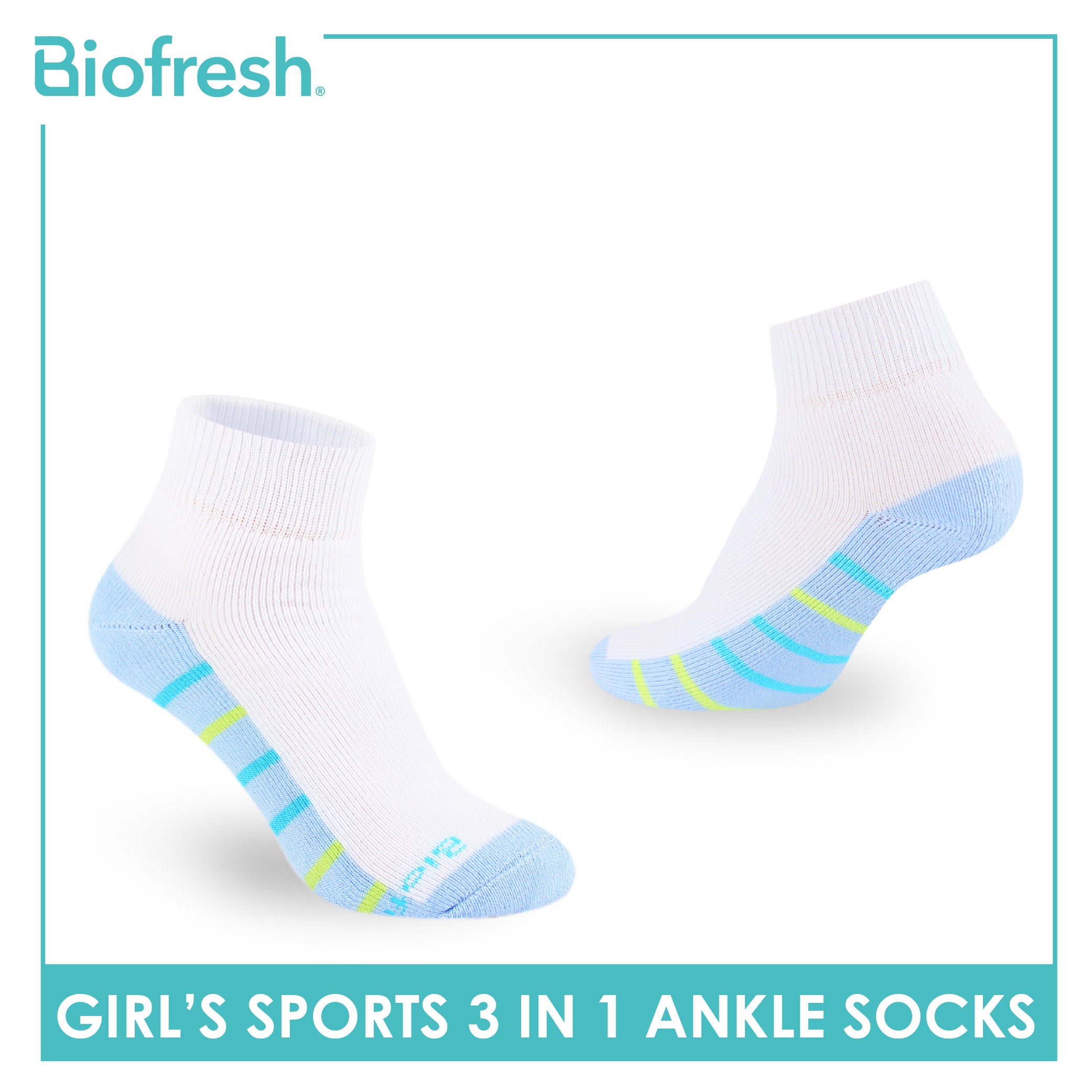 Biofresh Girl's Antimicrobial Cotton Thick Sports Ankle Socks 3 pairs in 1 pack RGSKG29