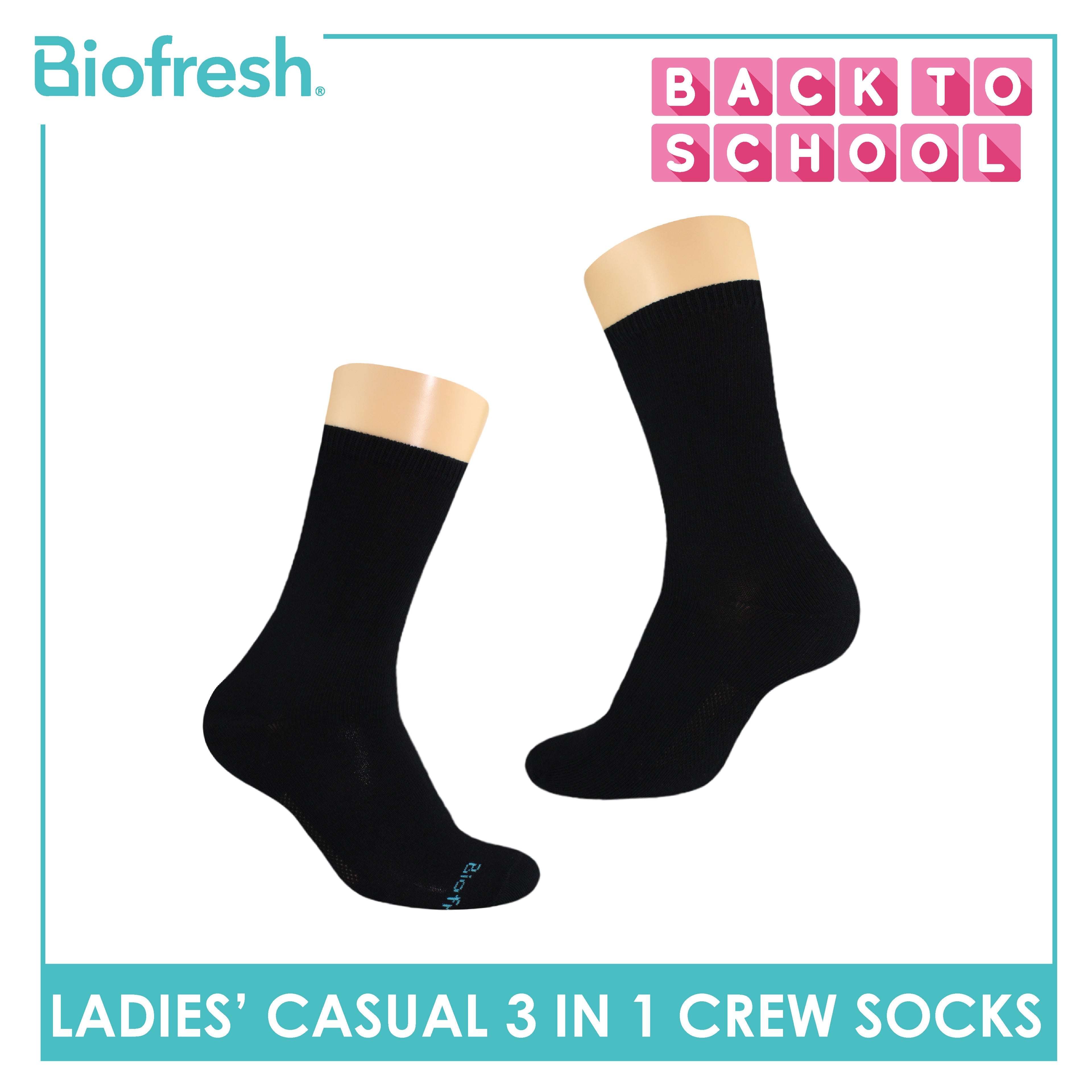 Biofresh Ladies' Antimicrobial Cotton Lite Thin Casual Crew Socks 3 pairs in a pack RLCKG40