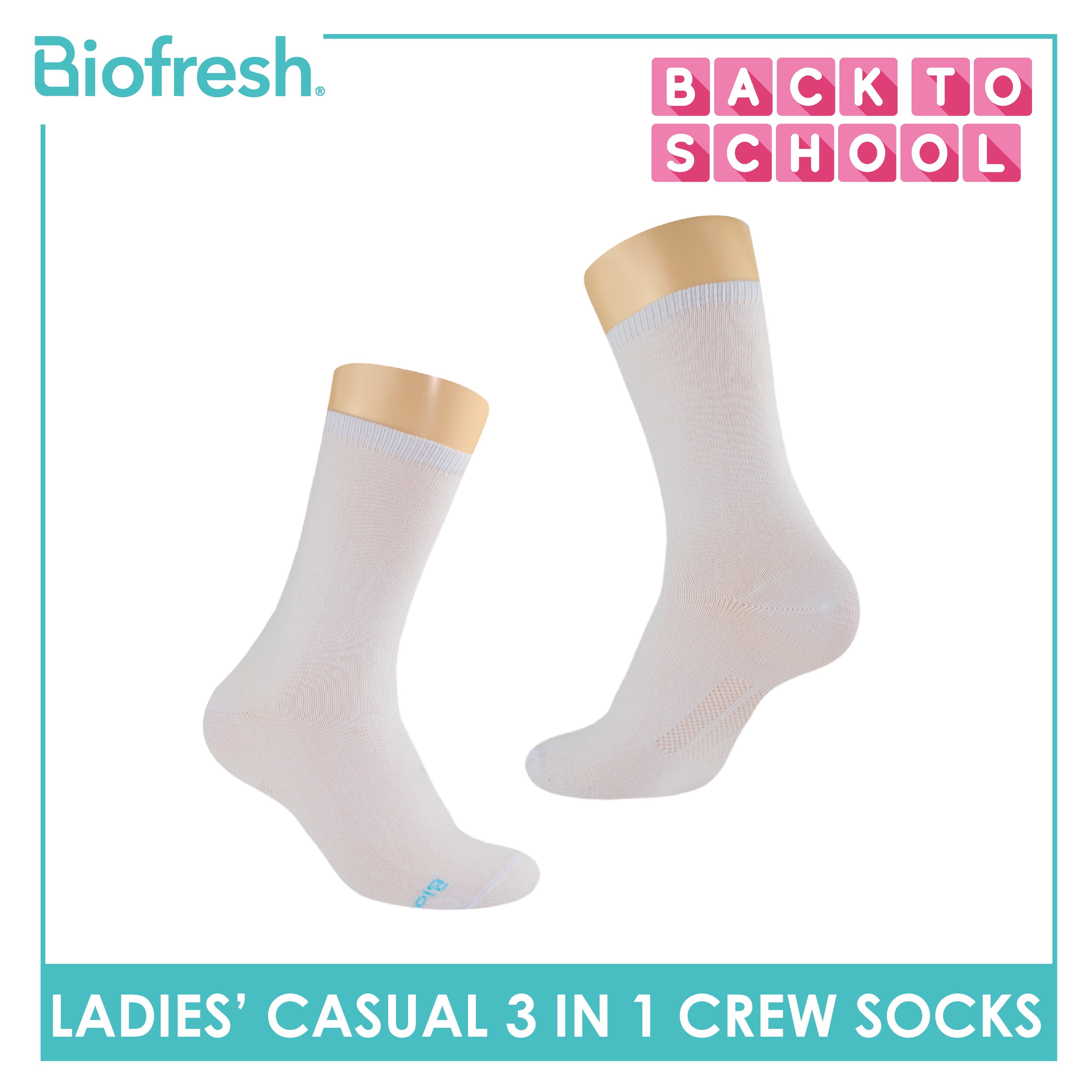 Biofresh Ladies' Antimicrobial Cotton Lite Thin Casual Crew Socks 3 pairs in a pack RLCKG40