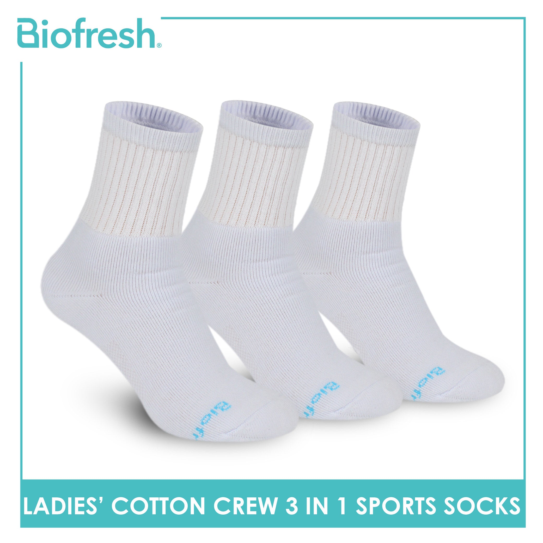 Biofresh Ladies' Antimicrobial Cotton Lite Thick Sports Crew Socks 3 pairs in a pack RLSKG32