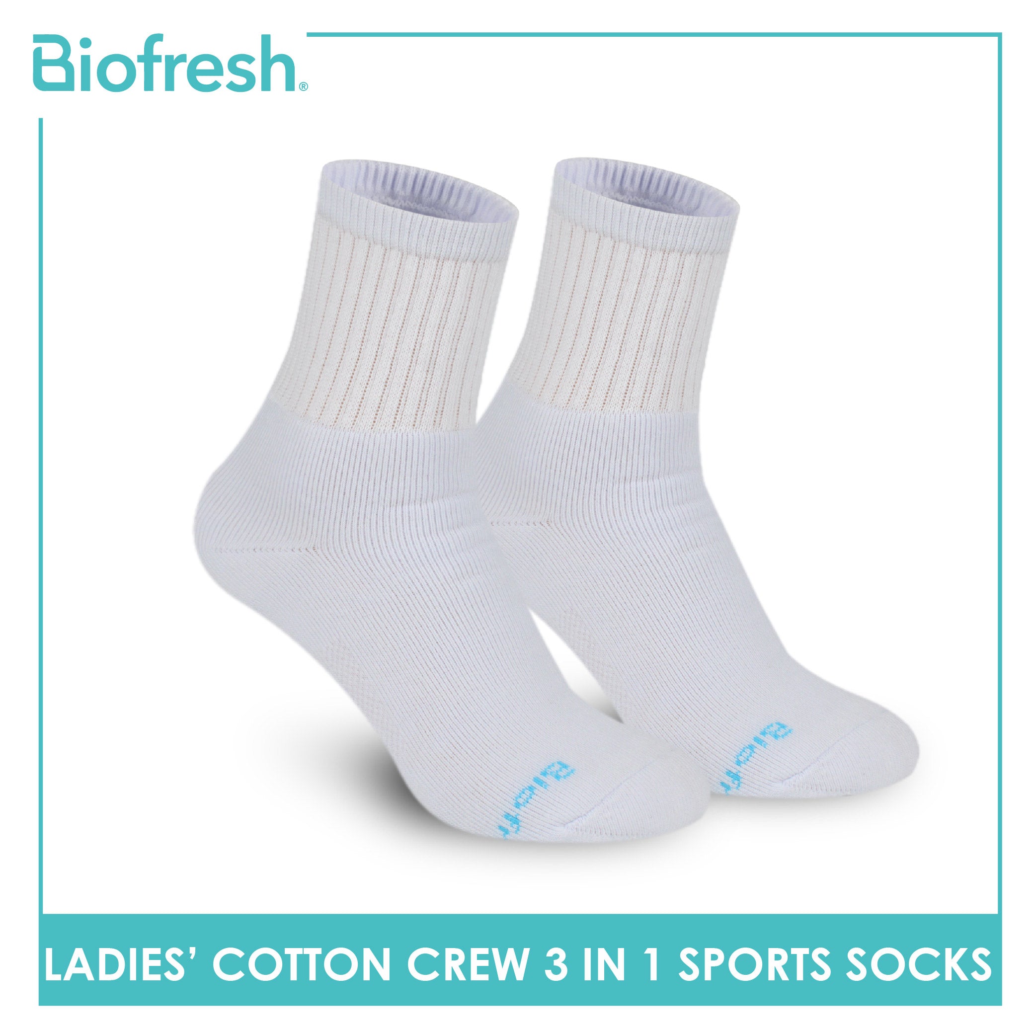 Biofresh Ladies' Antimicrobial Cotton Lite Thick Sports Crew Socks 3 pairs in a pack RLSKG32