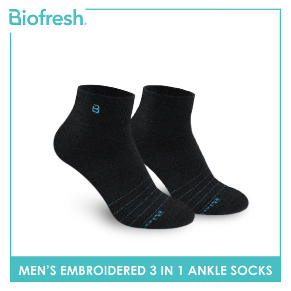 Biofresh Men's Antimicrobial Embroidered Cotton Lite Casual Ankle Socks 3 pairs in a pack RMCEG1