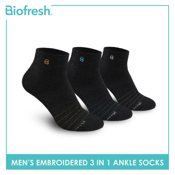 Biofresh Men's Antimicrobial Embroidered Cotton Lite Casual Ankle Socks 3 pairs in a pack RMCEG1