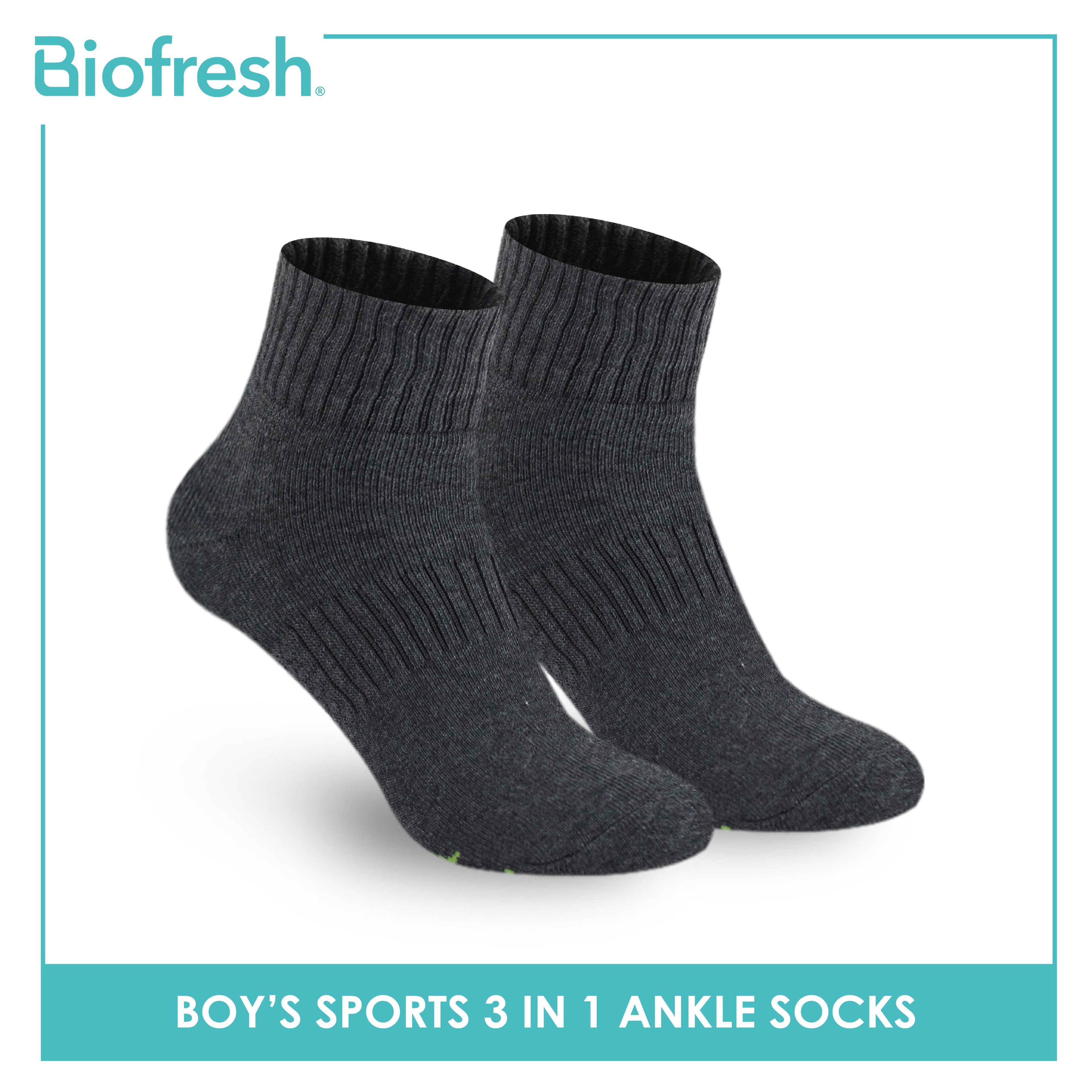 Biofresh Boys’ Green Tea Thick Sports Ankle Socks 3 pairs in 1 pack RTBSKG1