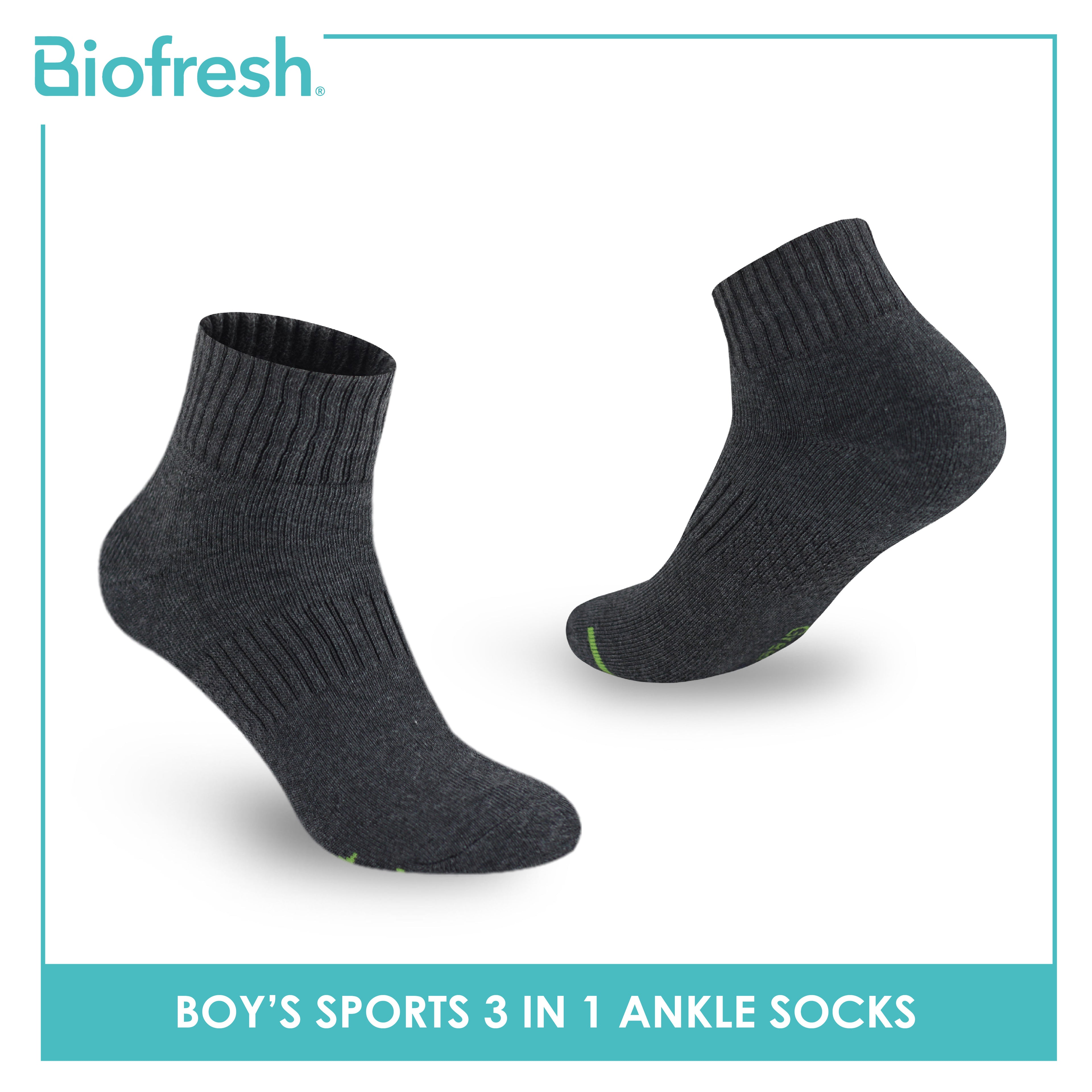 Biofresh Boys’ Green Tea Thick Sports Ankle Socks 3 pairs in 1 pack RTBSKG1