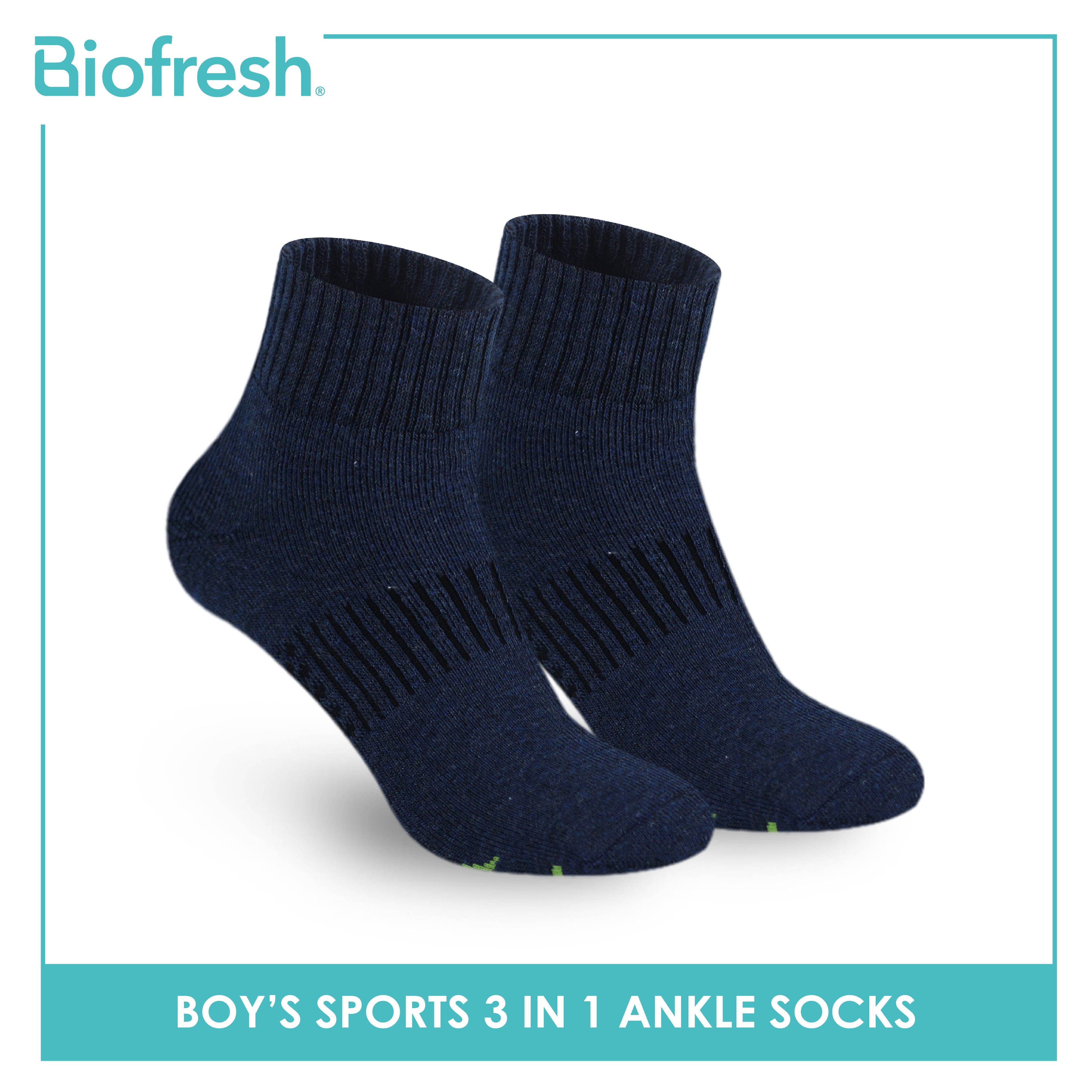 Biofresh Boys’ Green Tea Thick Sports Ankle Socks 3 pairs in 1 pack RTBSKG1