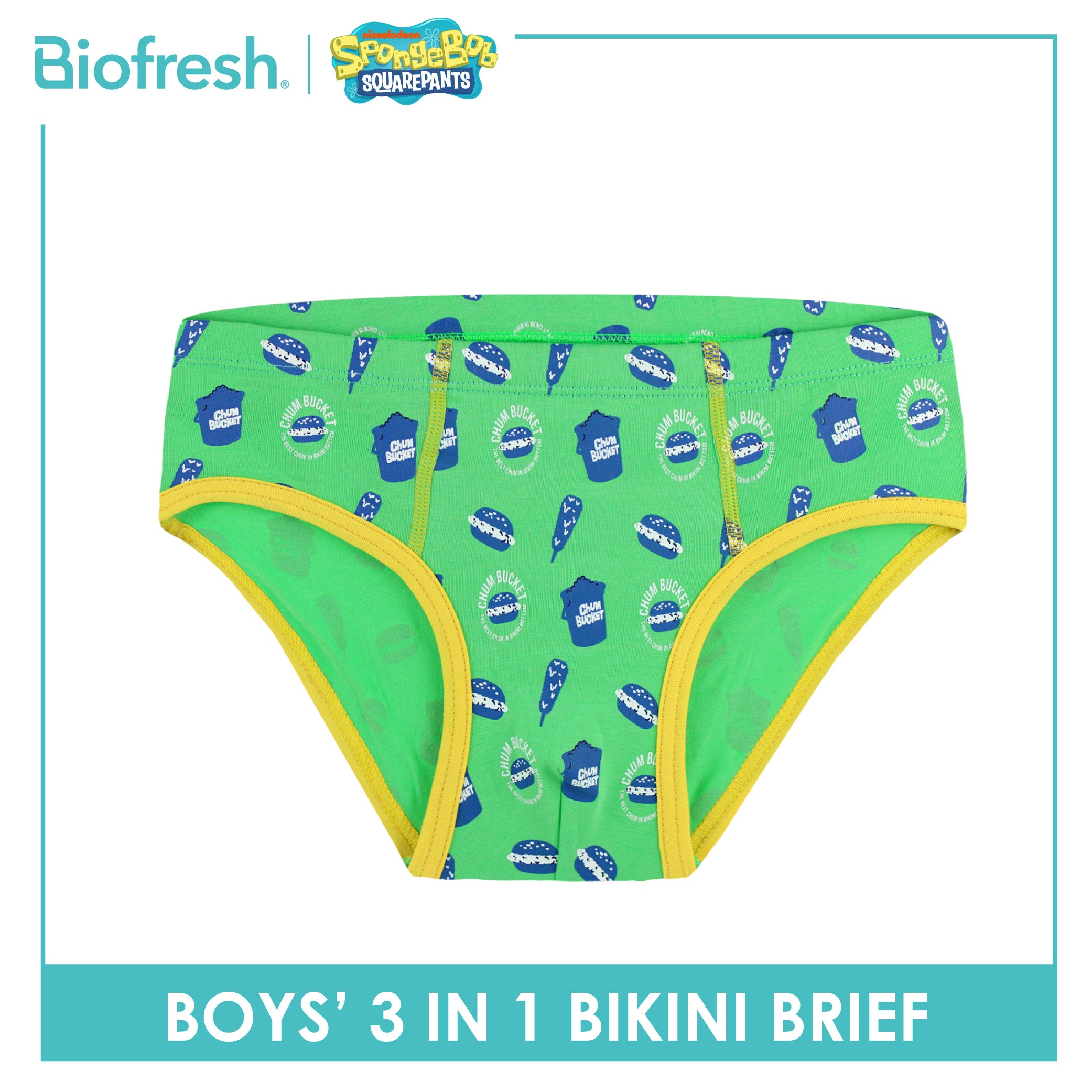 Biofresh | SpongeBob Boys' Antimicrobial Cotton Bikini Brief 3 pieces in a pack SBBBKG511