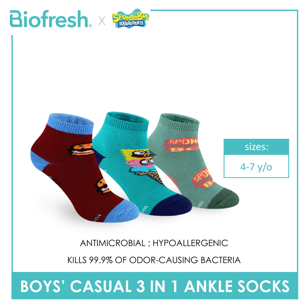 Biofresh | SpongeBob Boys' Antimicrobial Cotton Thin Casual Ankle Socks 3 pairs in 1 pack SBRBCG531