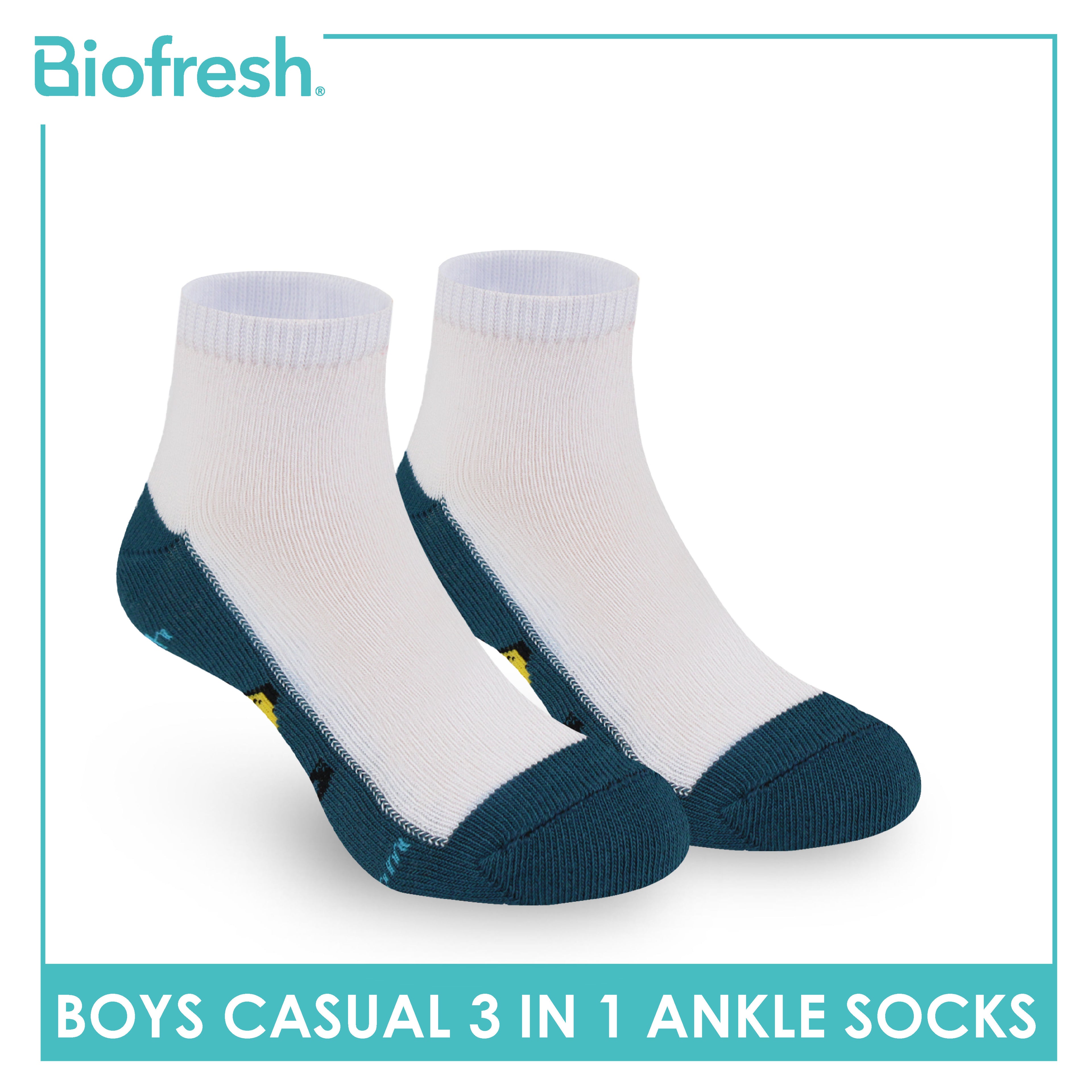 Biofresh Boys’ Antimicrobial Cotton Lite Casual Ankle Socks 3 pairs in 1 pack SBRBCKG2