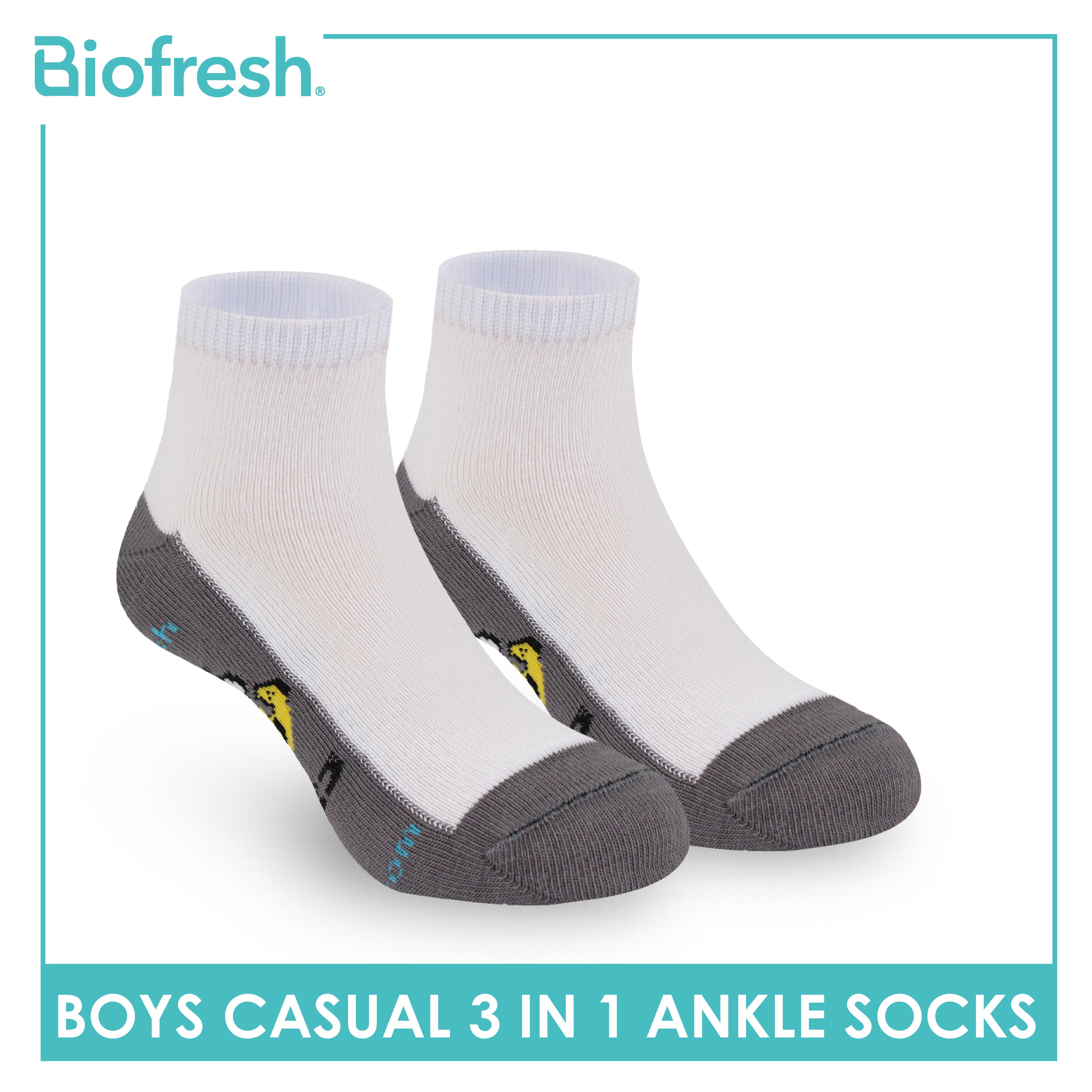 Biofresh Boys’ Antimicrobial Cotton Lite Casual Ankle Socks 3 pairs in 1 pack SBRBCKG2
