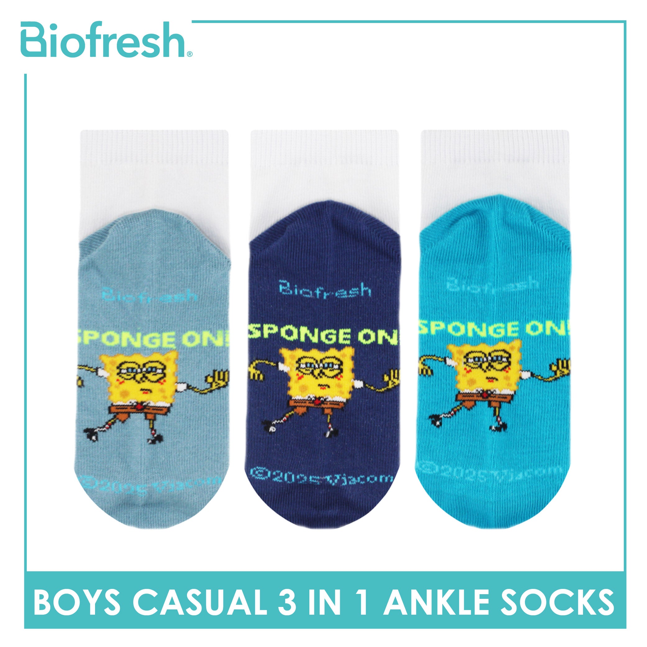 Biofresh | SpongeBob Boys’ Antimicrobial Cotton Lite Casual Ankle Socks 3 pairs in 1 pack SBRBCKG4