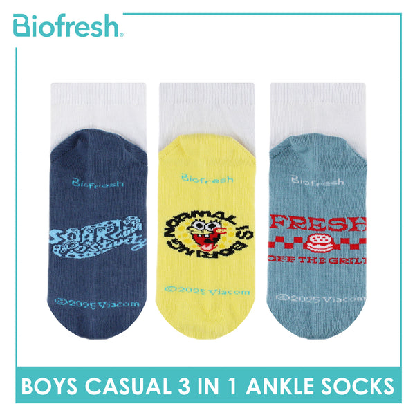 Biofresh | SpongeBob Boys’ Antimicrobial Cotton Lite Casual Ankle Socks 3 pairs in 1 pack SBRBCKG5