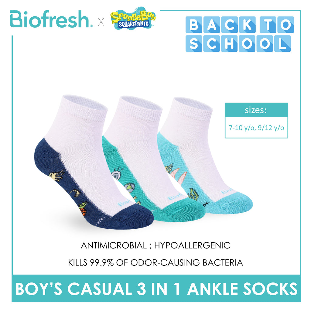 Biofresh | SpongeBob Boys' Antimicrobial Cotton Thin Casual Ankle Socks 3 pairs in 1 pack SBRBCKG8