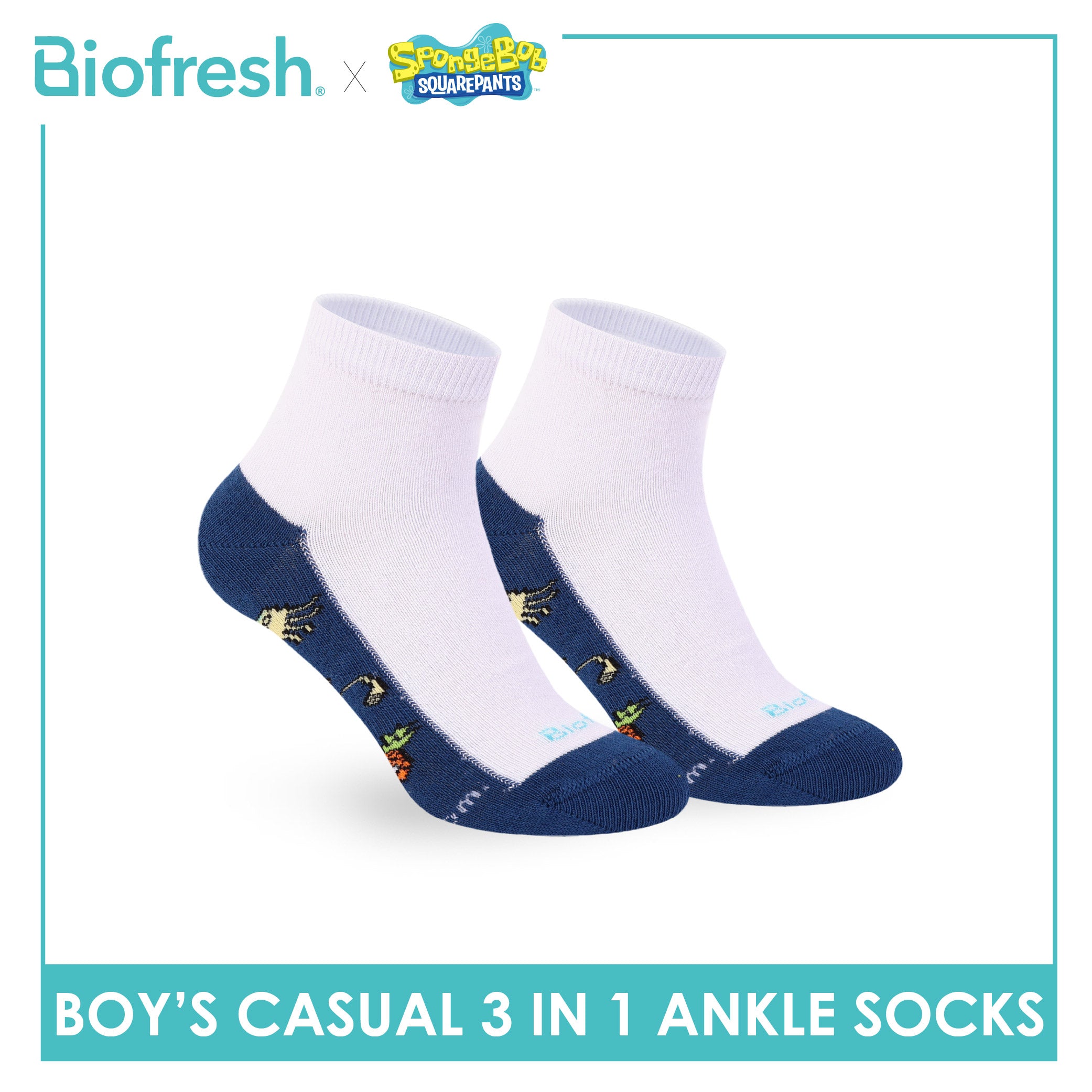 Biofresh | SpongeBob Boys' Antimicrobial Cotton Thin Casual Ankle Socks 3 pairs in 1 pack SBRBCKG8