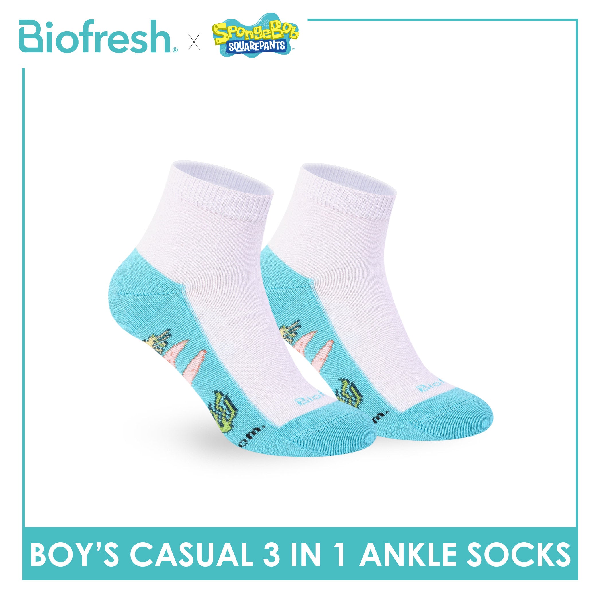 Biofresh | SpongeBob Boys' Antimicrobial Cotton Thin Casual Ankle Socks 3 pairs in 1 pack SBRBCKG8