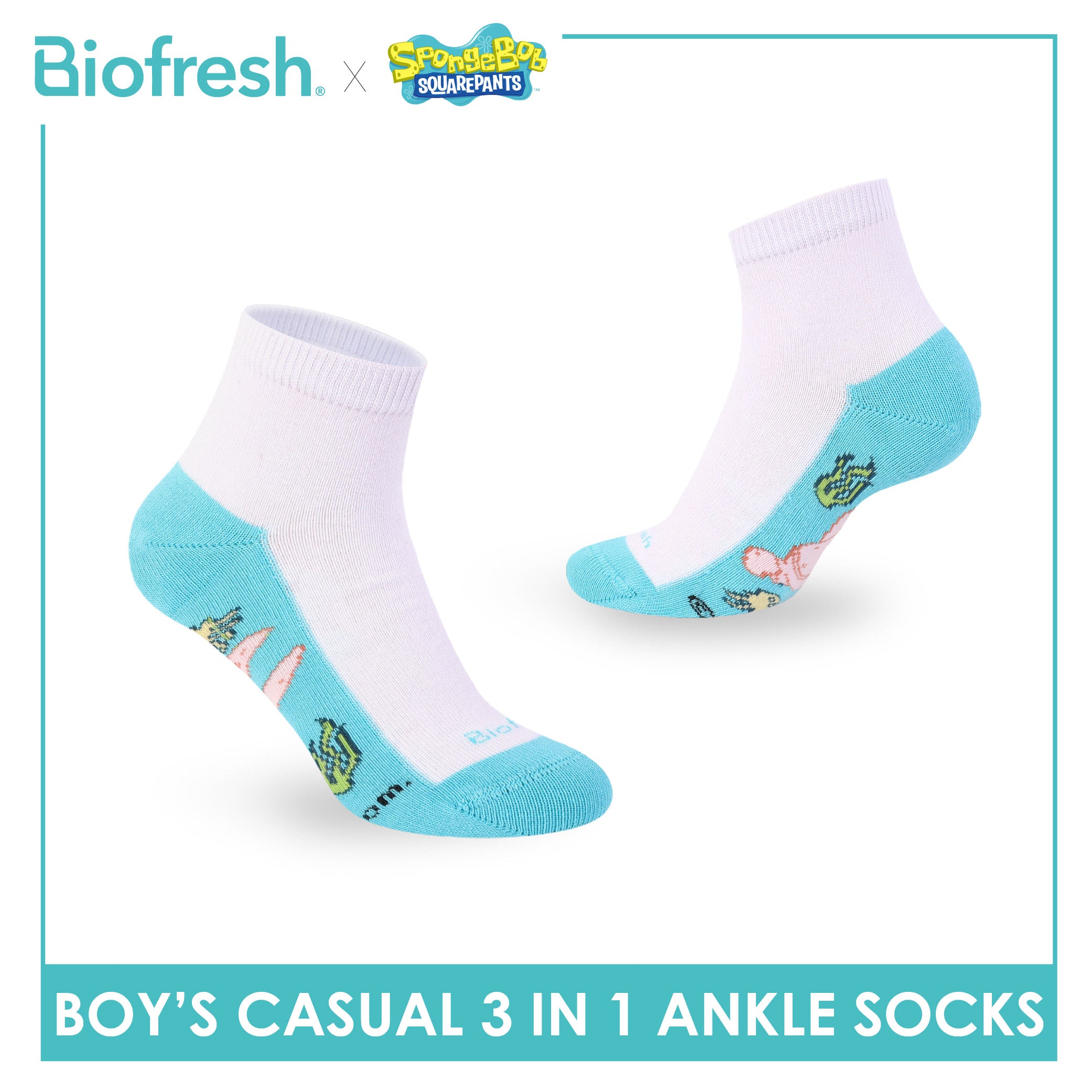 Biofresh | SpongeBob Boys' Antimicrobial Cotton Thin Casual Ankle Socks 3 pairs in 1 pack SBRBCKG8
