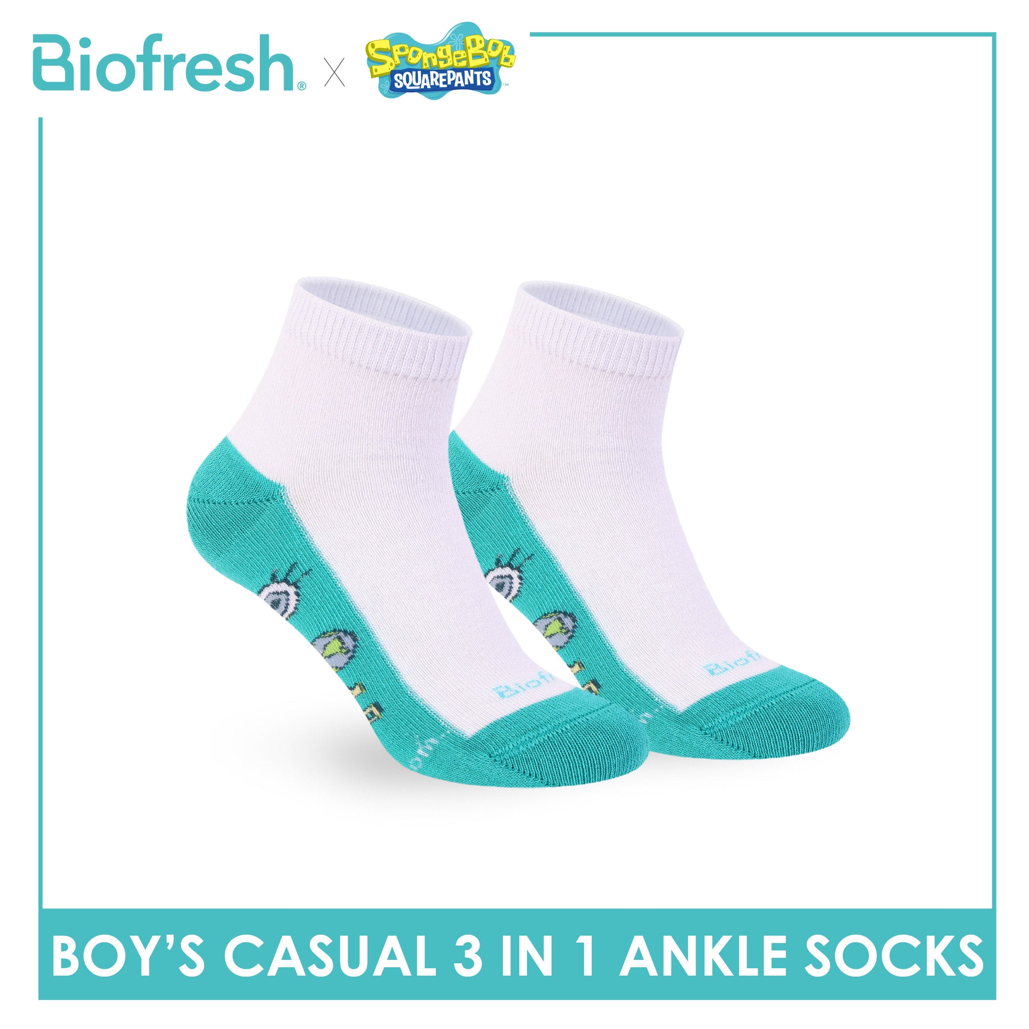 Biofresh | SpongeBob Boys' Antimicrobial Cotton Thin Casual Ankle Socks 3 pairs in 1 pack SBRBCKG8