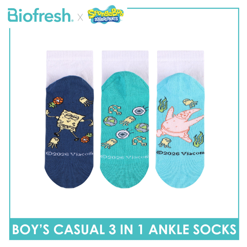Biofresh | SpongeBob Boys' Antimicrobial Cotton Thin Casual Ankle Socks 3 pairs in 1 pack SBRBCKG8