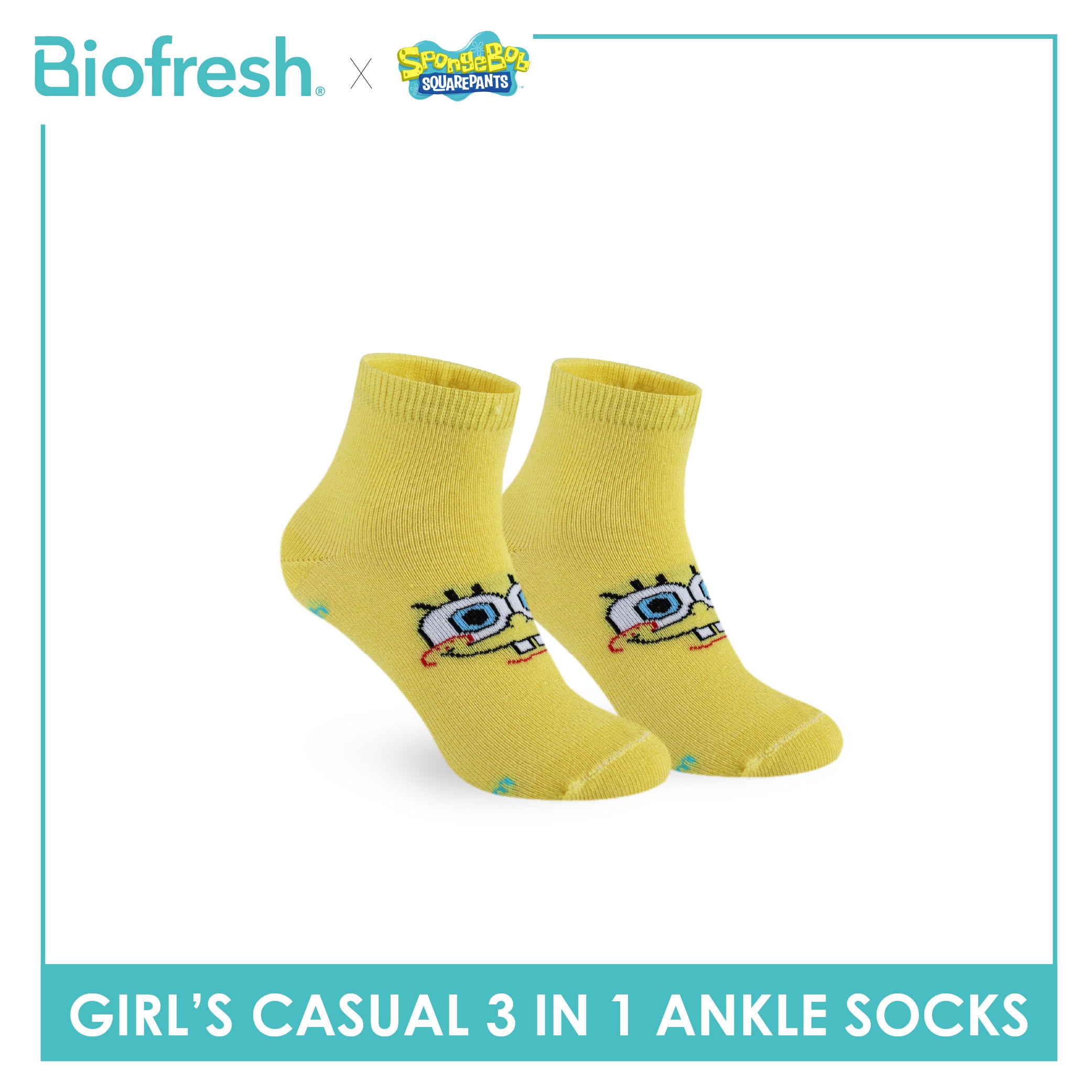 Biofresh | SpongeBob Girl's Antimicrobial Cotton Thin Casual Ankle Socks 3 pairs in 1 pack SBRGCG531