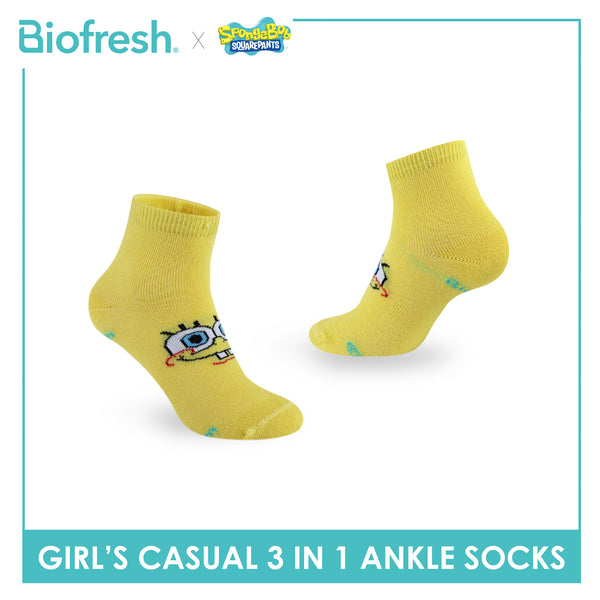 Biofresh | SpongeBob Girl's Antimicrobial Cotton Lite Casual Ankle Socks 3 pairs in 1 pack SBRGCG531