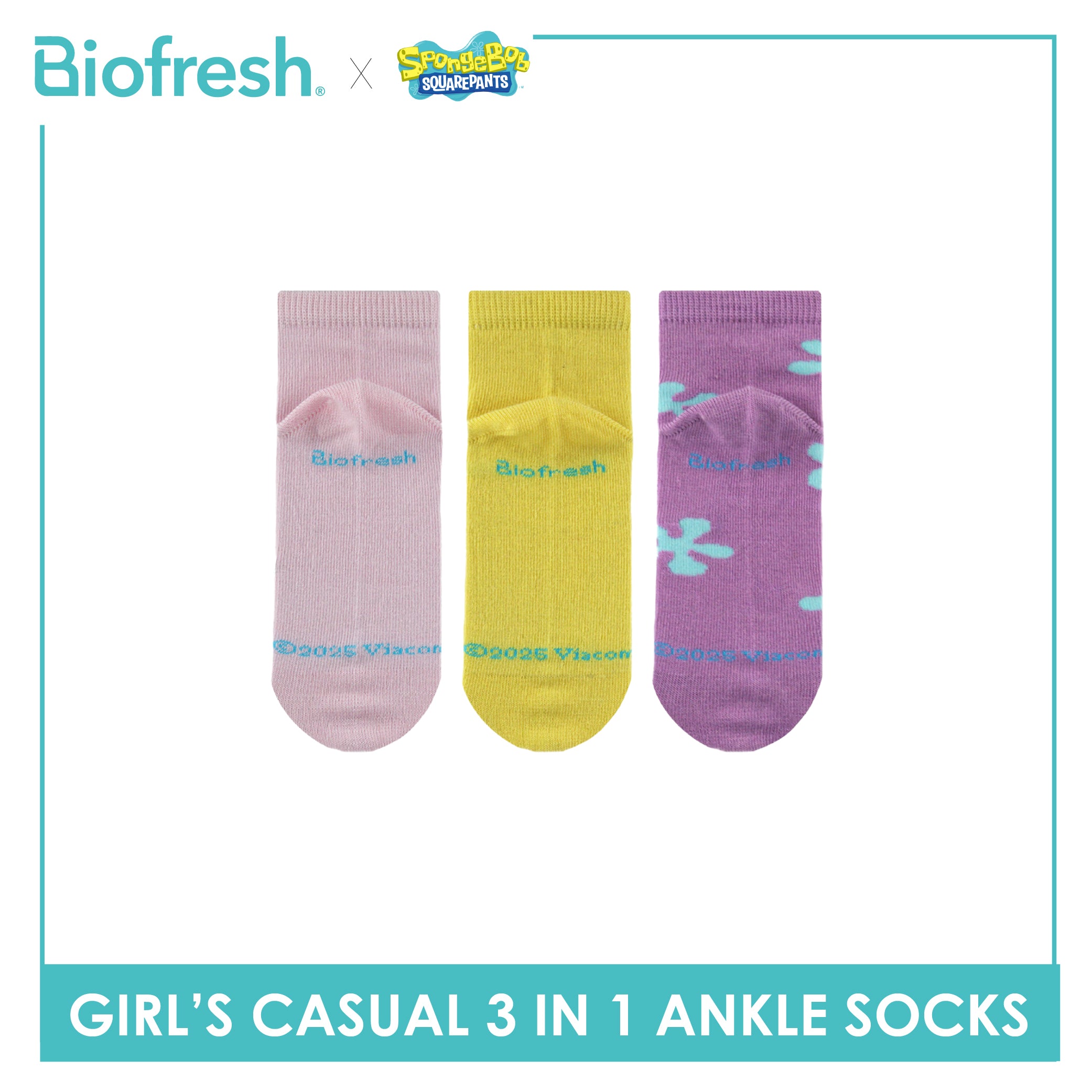 Biofresh | SpongeBob Girl's Antimicrobial Cotton Thin Casual Ankle Socks 3 pairs in 1 pack SBRGCG531