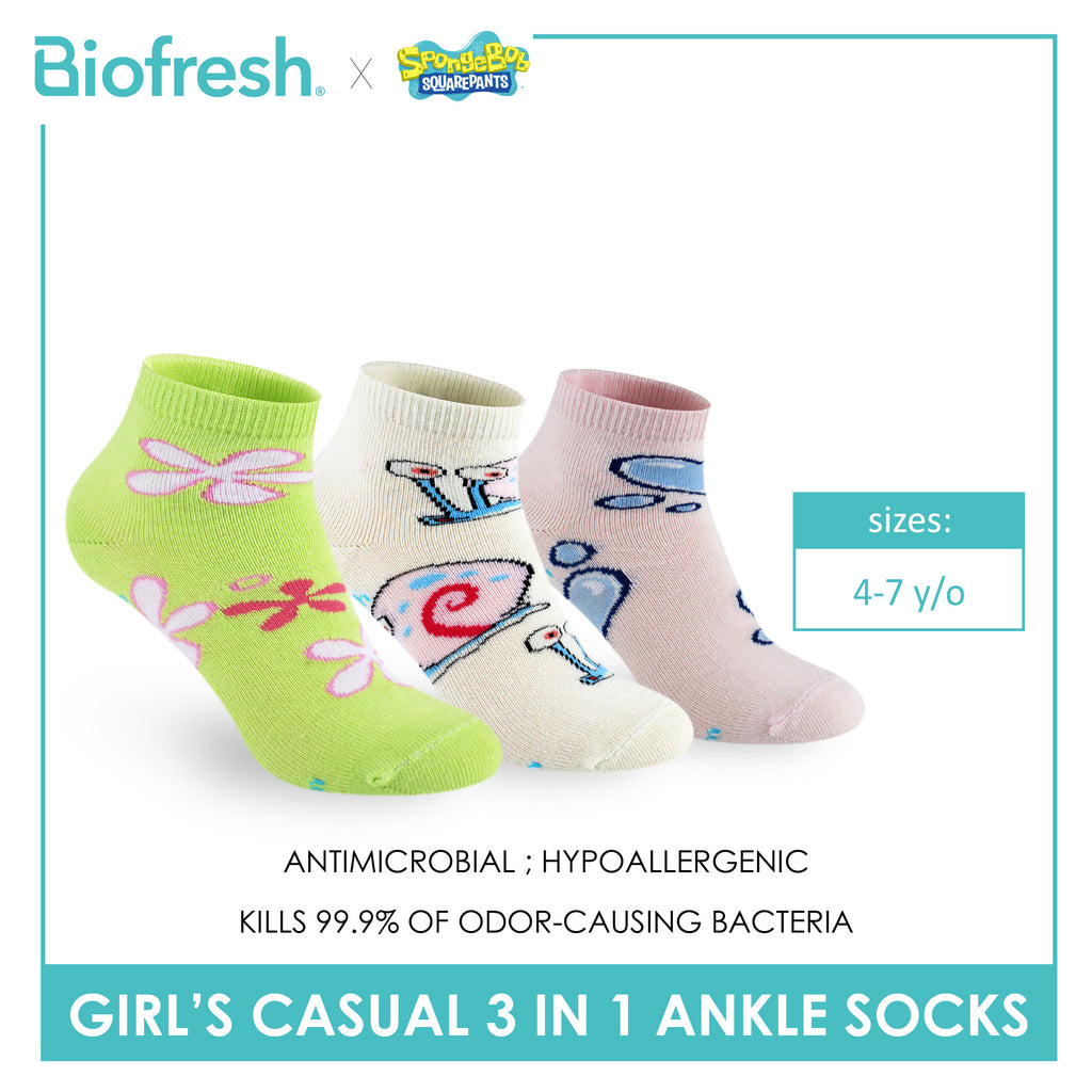 Biofresh | SpongeBob Girl's Antimicrobial Cotton Thin Casual Ankle Socks 3 pairs in 1 pack SBRGCG532