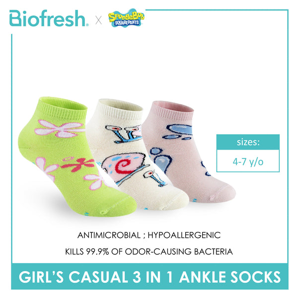 Biofresh | SpongeBob Girl's Antimicrobial Cotton Lite Casual Ankle Socks 3 pairs in 1 pack SBRGCG532