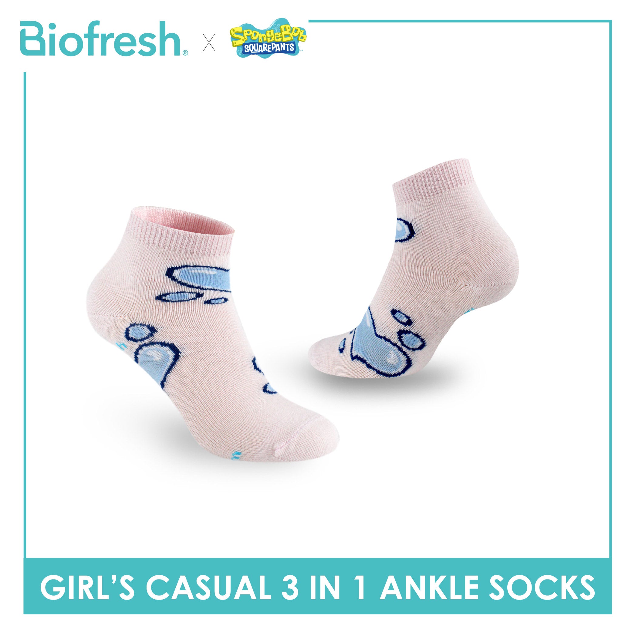 Biofresh | SpongeBob Girl's Antimicrobial Cotton Thin Casual Ankle Socks 3 pairs in 1 pack SBRGCG532