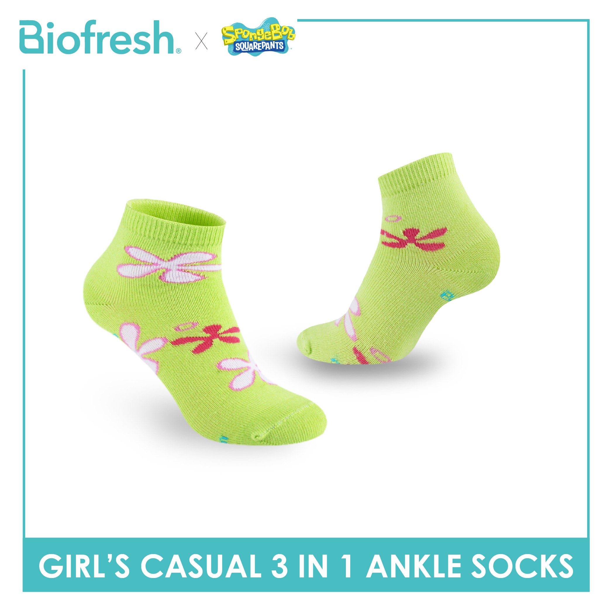 Biofresh | SpongeBob Girl's Antimicrobial Cotton Thin Casual Ankle Socks 3 pairs in 1 pack SBRGCG532