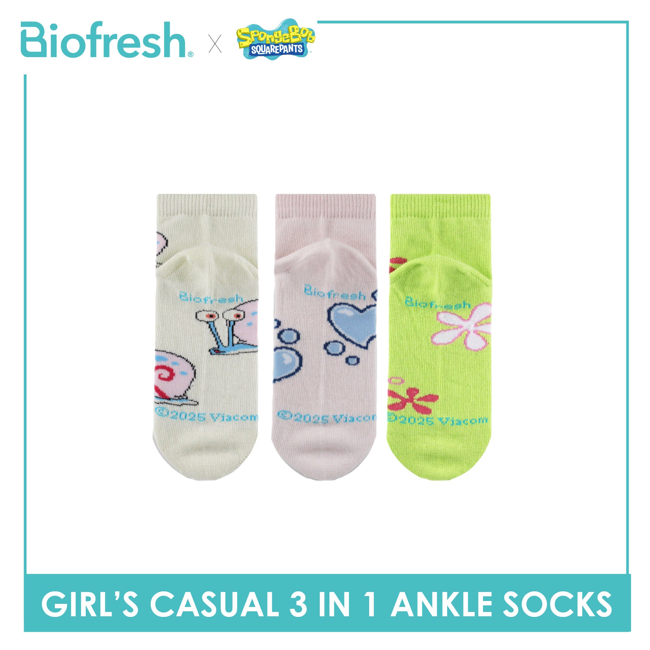 Biofresh | SpongeBob Girl's Antimicrobial Cotton Thin Casual Ankle Socks 3 pairs in 1 pack SBRGCG532