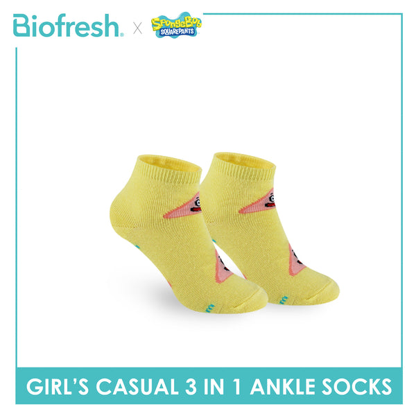 Biofresh | SpongeBob Girl's Antimicrobial Cotton Lite Casual Ankle Socks 3 pairs in 1 pack SBRGCG533