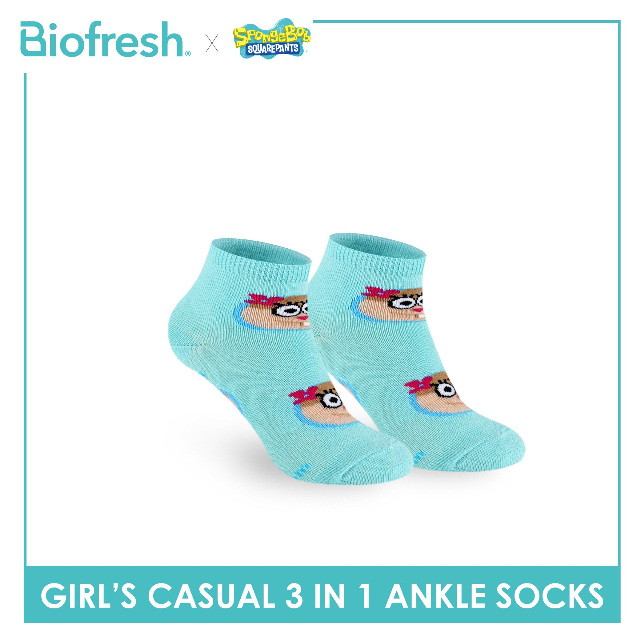Biofresh | SpongeBob Girl's Antimicrobial Cotton Thin Casual Ankle Socks 3 pairs in 1 pack SBRGCG533