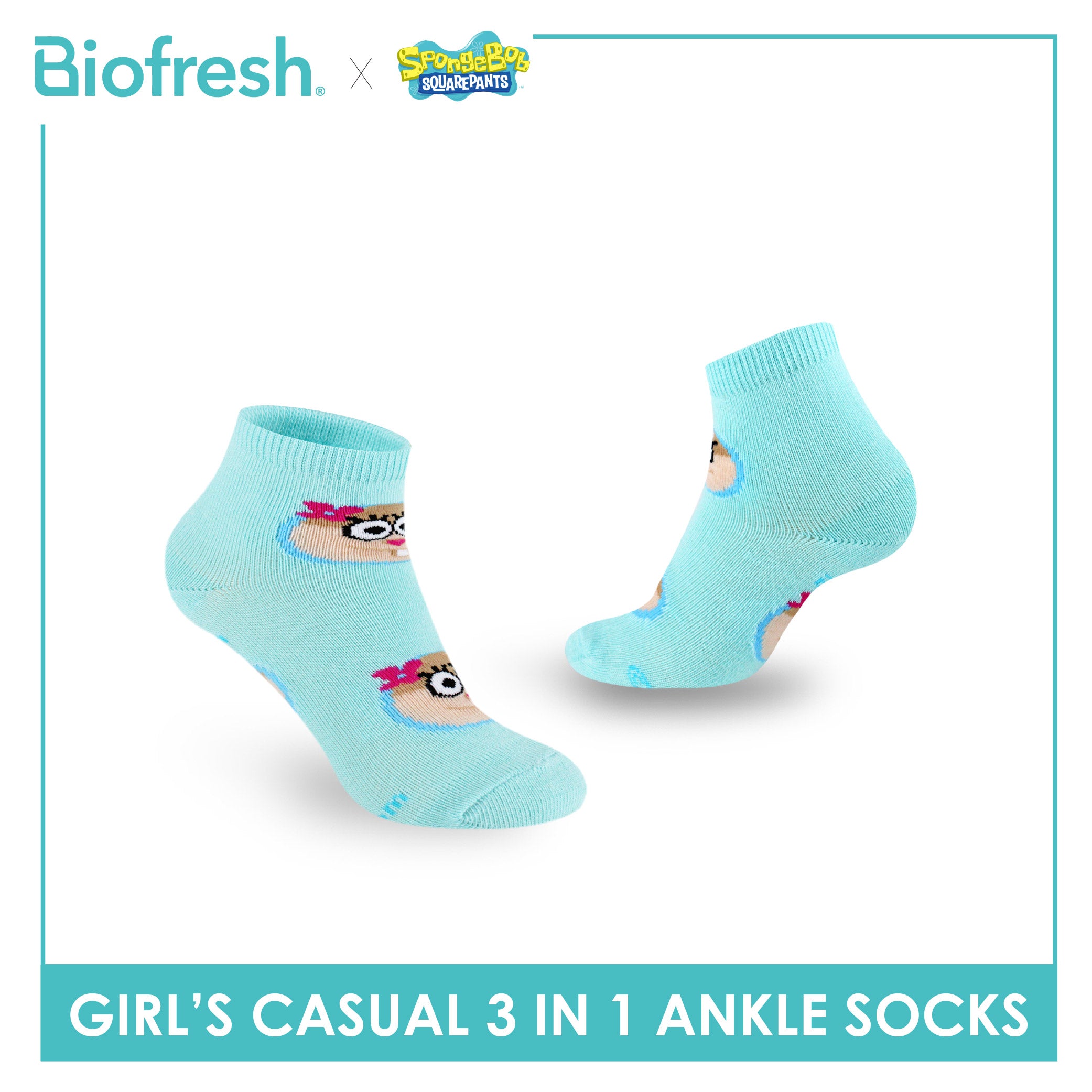 Biofresh | SpongeBob Girl's Antimicrobial Cotton Thin Casual Ankle Socks 3 pairs in 1 pack SBRGCG533