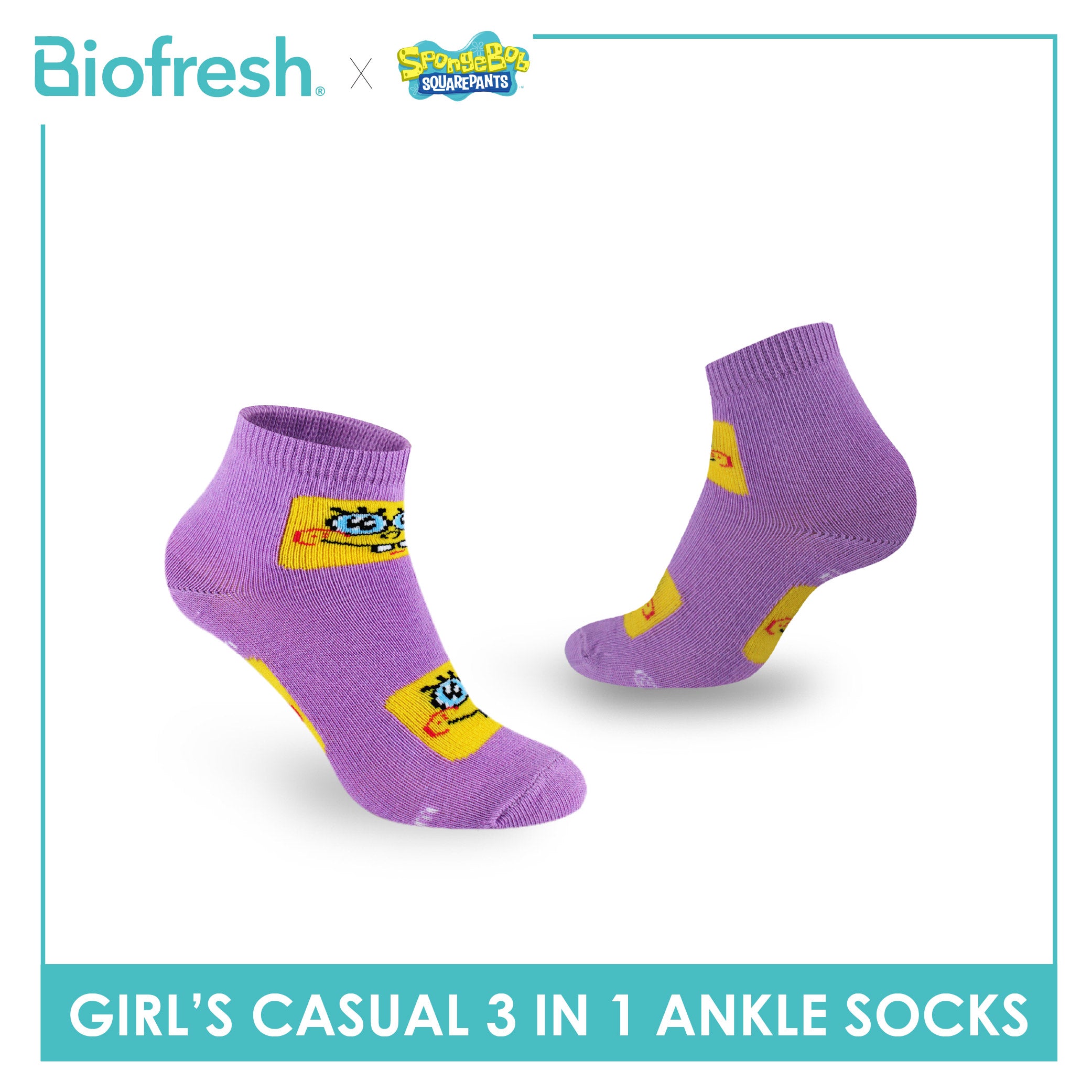 Biofresh | SpongeBob Girl's Antimicrobial Cotton Thin Casual Ankle Socks 3 pairs in 1 pack SBRGCG533