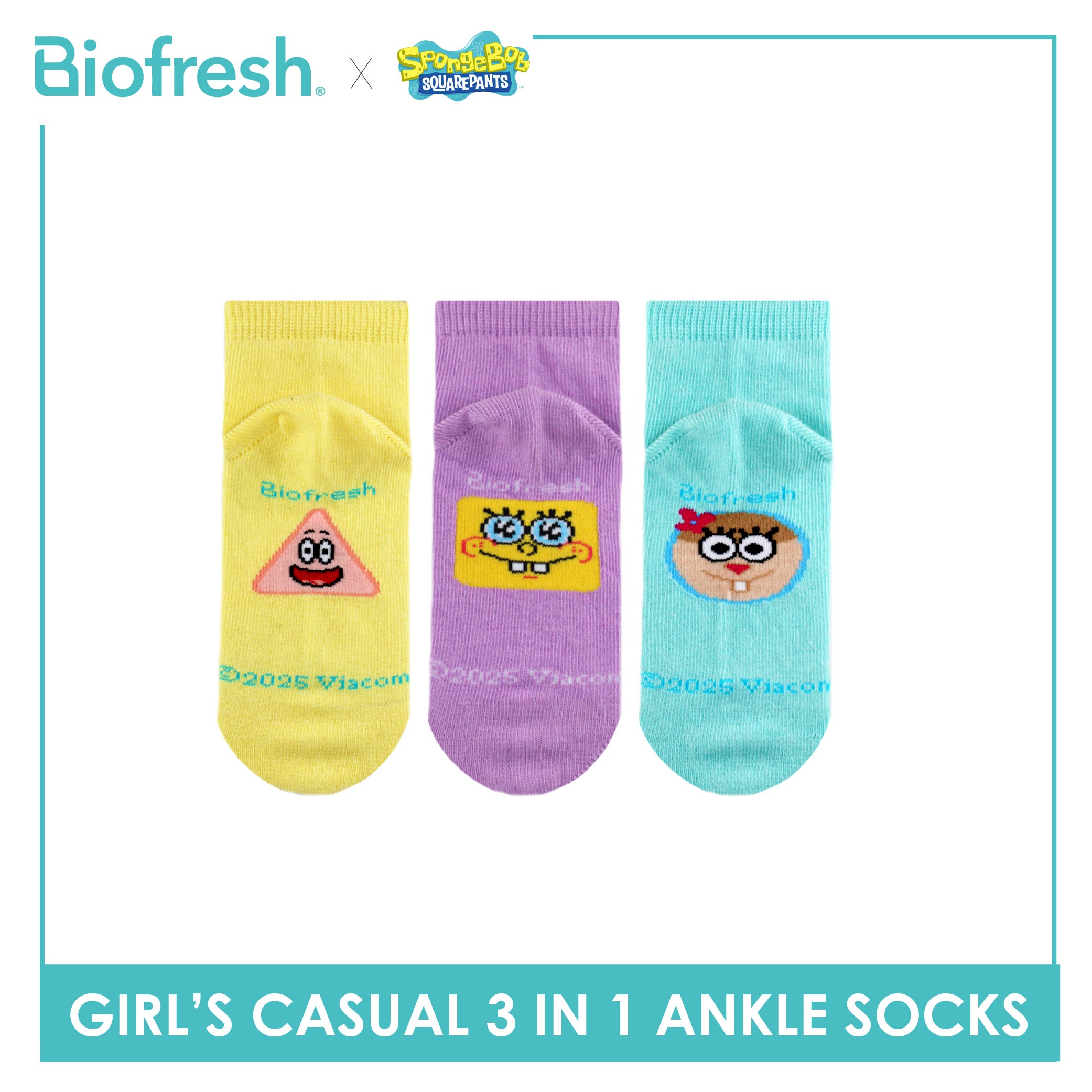 Biofresh | SpongeBob Girl's Antimicrobial Cotton Thin Casual Ankle Socks 3 pairs in 1 pack SBRGCG533