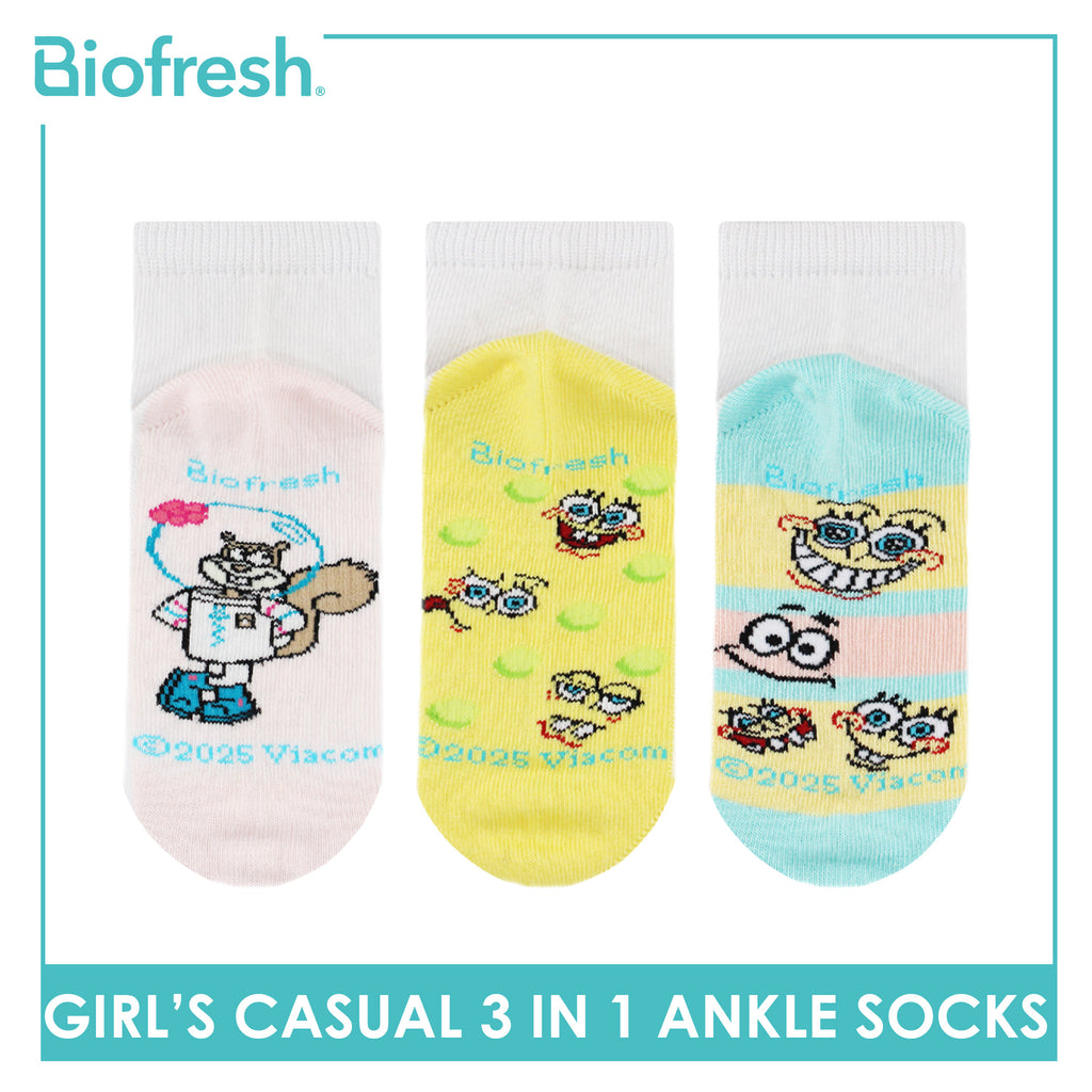 Biofresh | SpongeBob Girl's Antimicrobial Cotton Thin Casual Ankle Socks 3 pairs in 1 pack SBRGCKG2