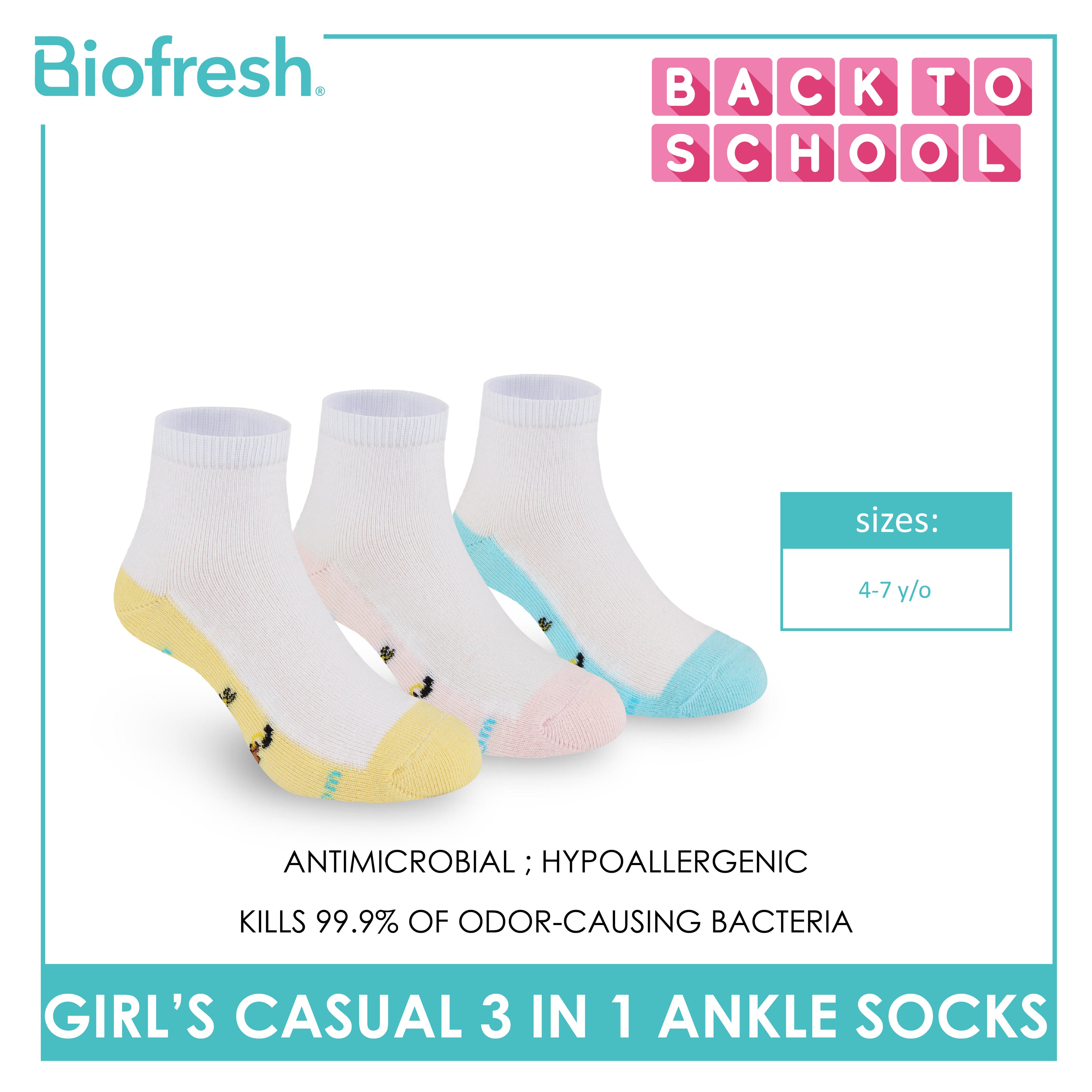 Biofresh | SpongeBob Girl's Antimicrobial Cotton Thin Casual Ankle Socks 3 pairs in 1 pack SBRGCKG3