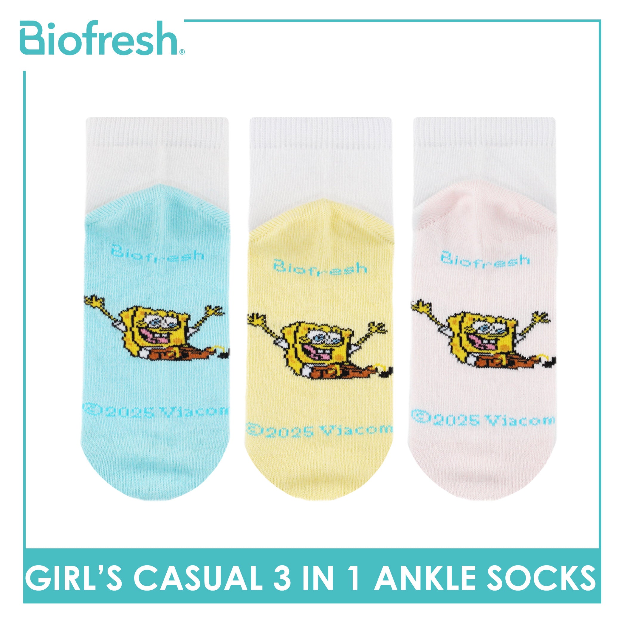 Biofresh | SpongeBob Girl's Antimicrobial Cotton Thin Casual Ankle Socks 3 pairs in 1 pack SBRGCKG3