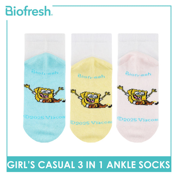 Biofresh | SpongeBob Girl's Antimicrobial Cotton Lite Casual Ankle Socks 3 pairs in 1 pack SBRGCKG3