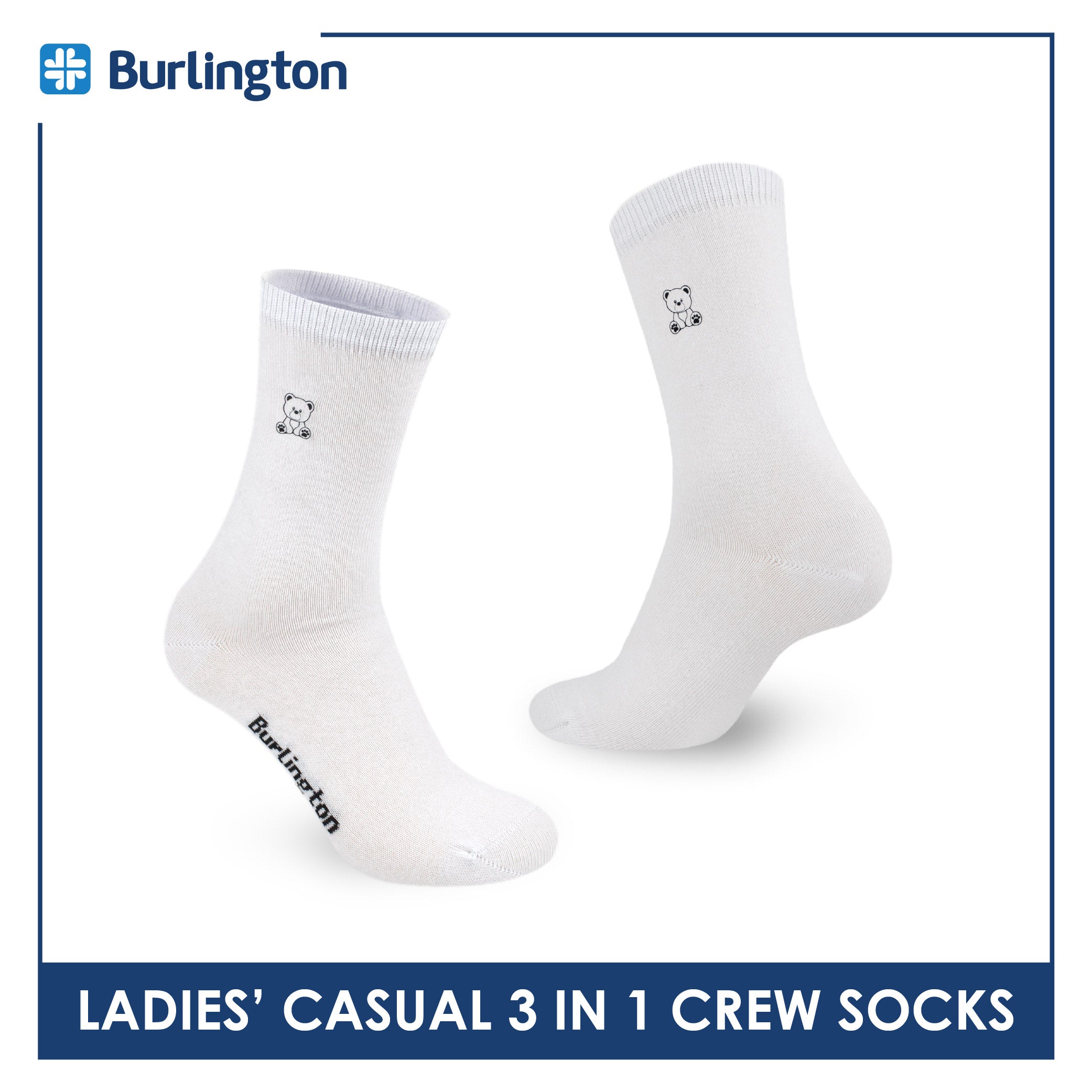 Burlington | Bearlington Ladie's Cotton Embroidered Casual Crew Socks 3 pairs in a pack TBLE6149-1