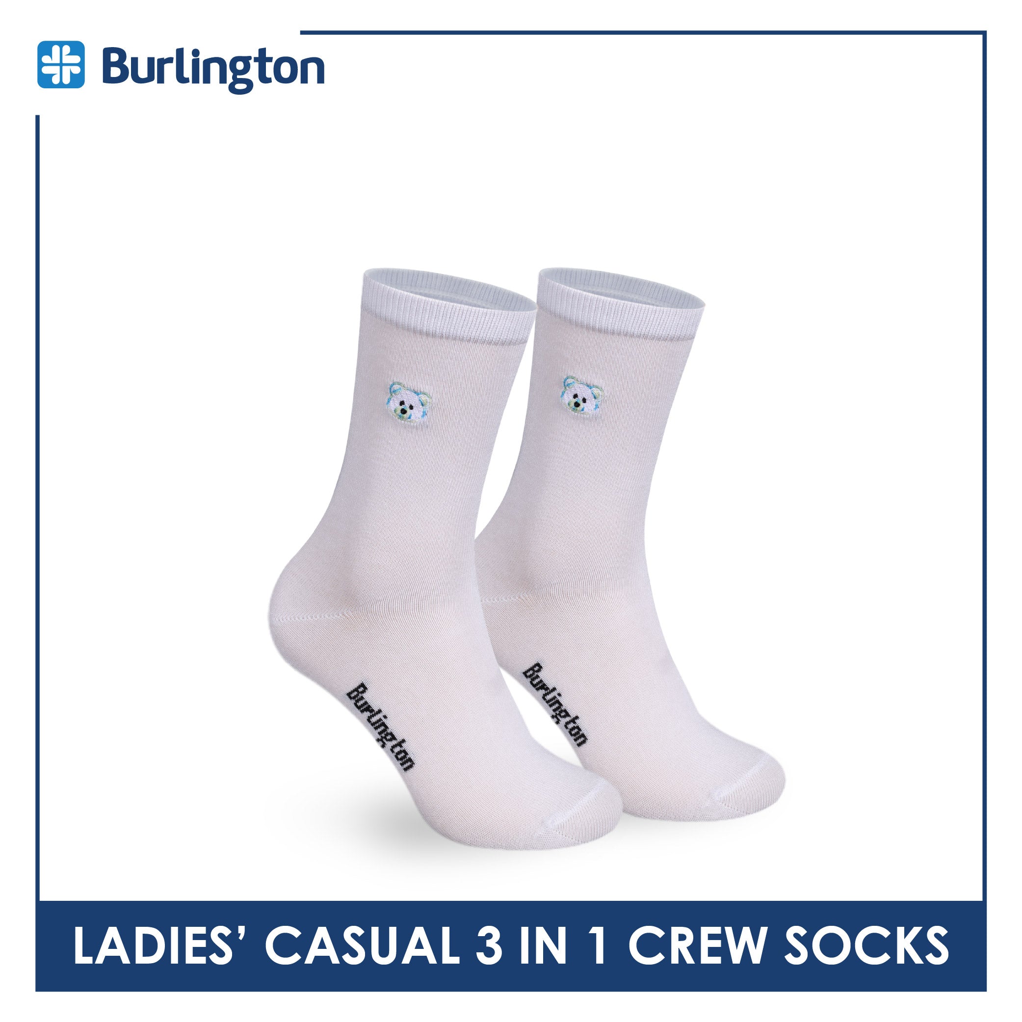 Burlington | Bearlington Ladie's Cotton Embroidered Casual Crew Socks 3 pairs in a pack TBLE6149-2