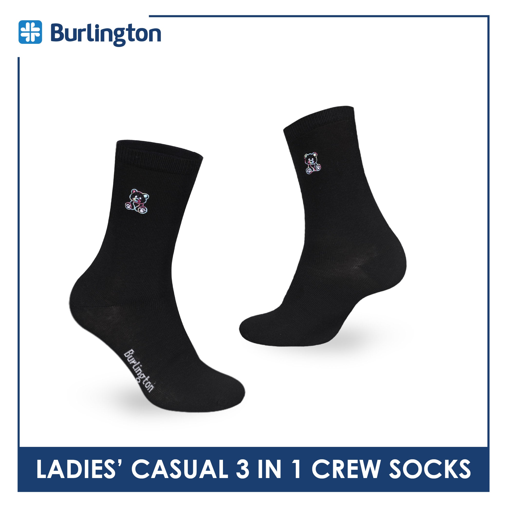 Burlington | Bearlington Ladie's Cotton Embroidered Casual Crew Socks 3 pairs in a pack TBLE6149-3