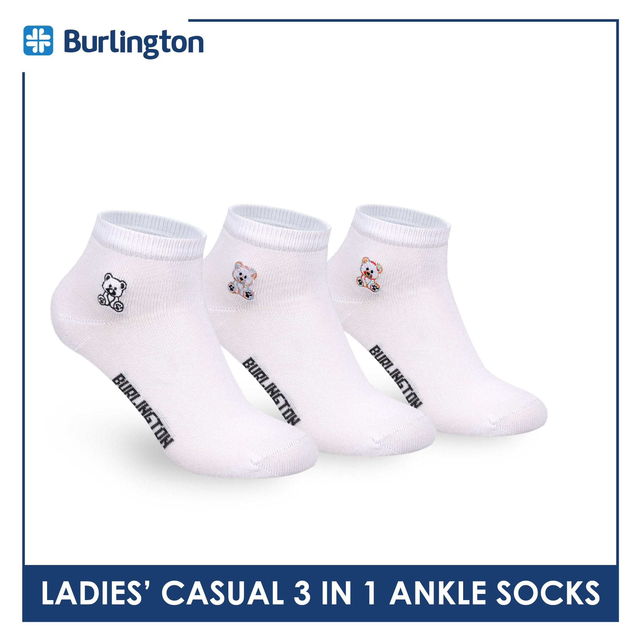 Burlington | Bearlington Ladie's Cotton Embroidered Casual Ankle Socks 3 pairs in a pack TBLE622-3