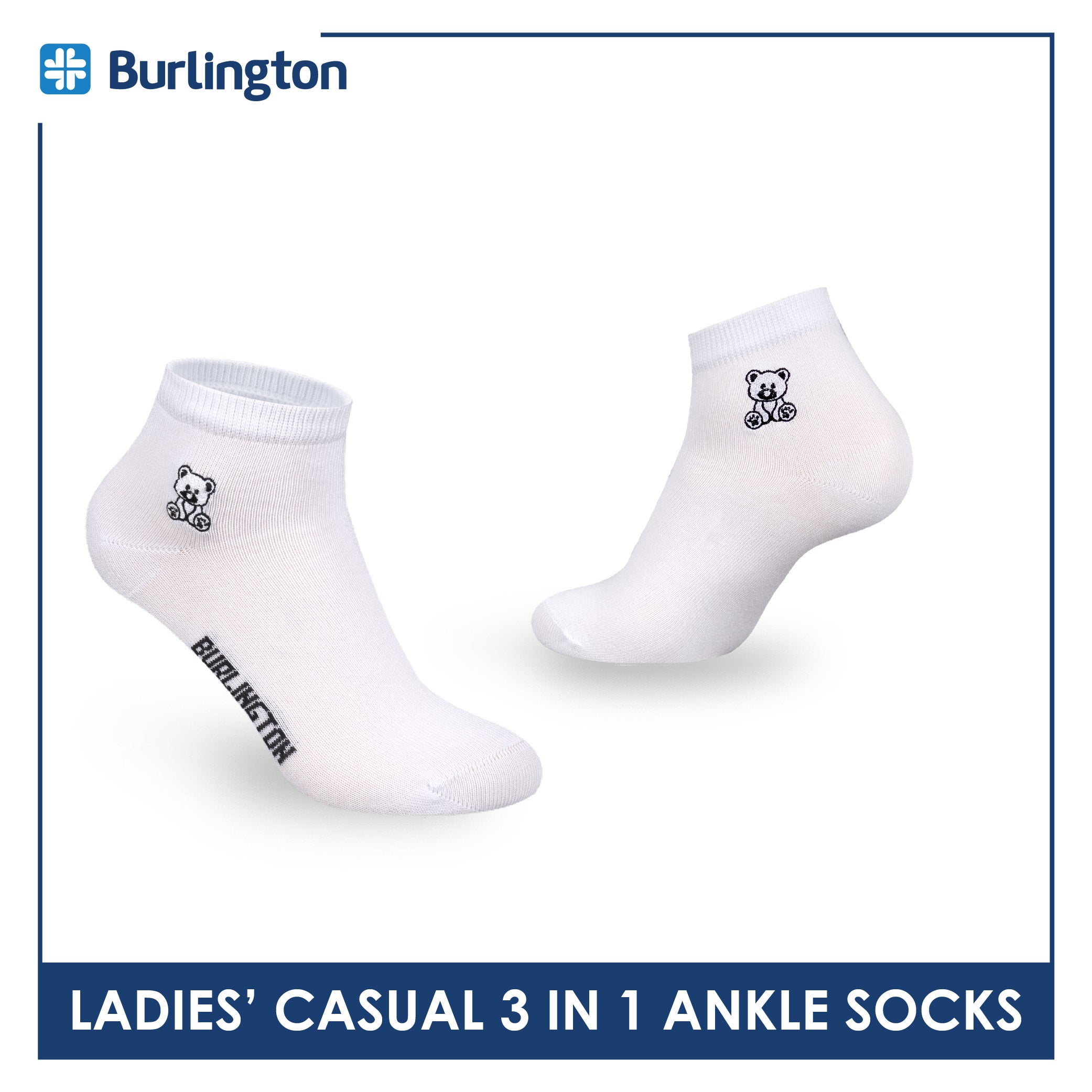 Burlington | Bearlington Ladie's Cotton Embroidered Casual Ankle Socks 3 pairs in a pack TBLE622-3