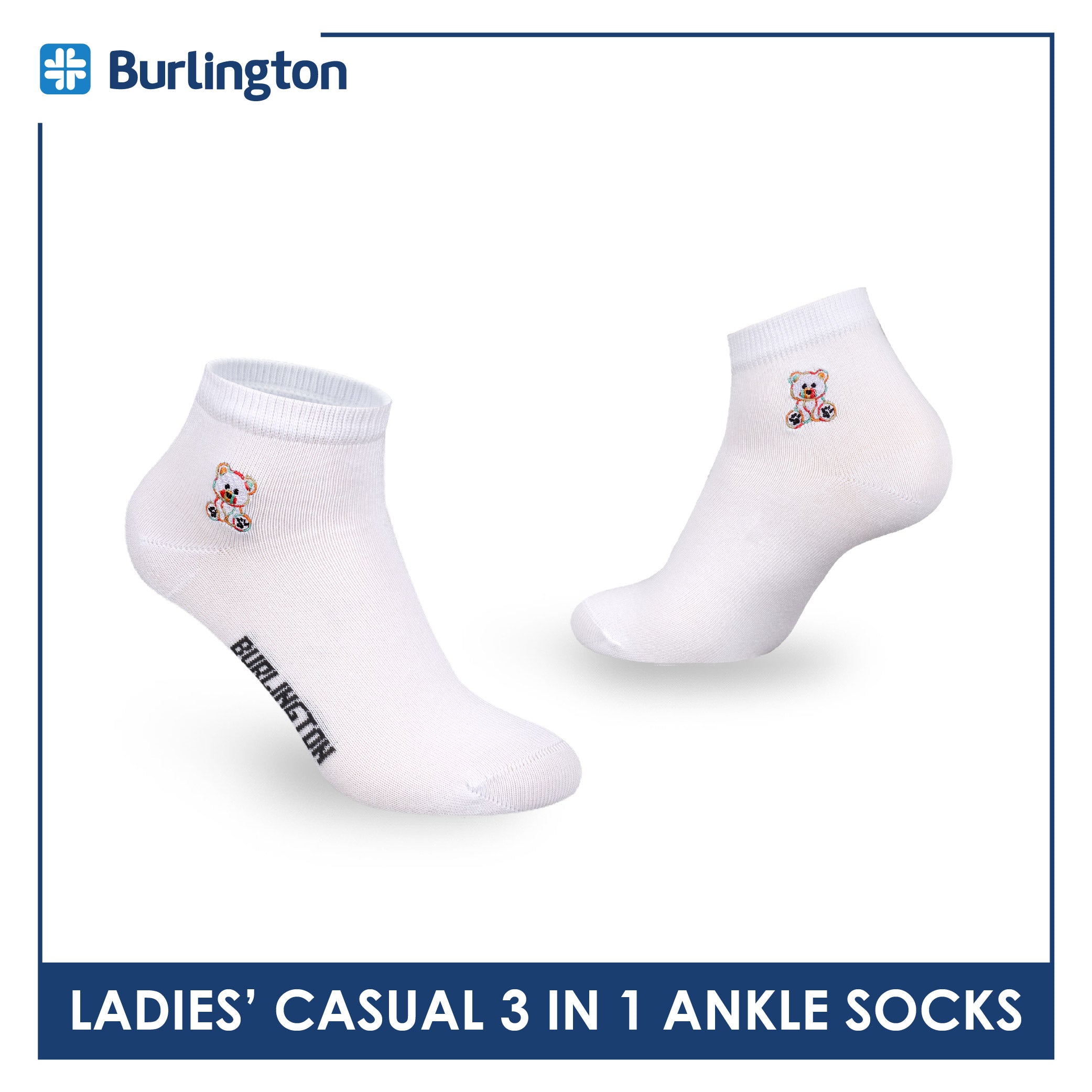 Burlington | Bearlington Ladie's Cotton Embroidered Casual Ankle Socks 3 pairs in a pack TBLE622-3