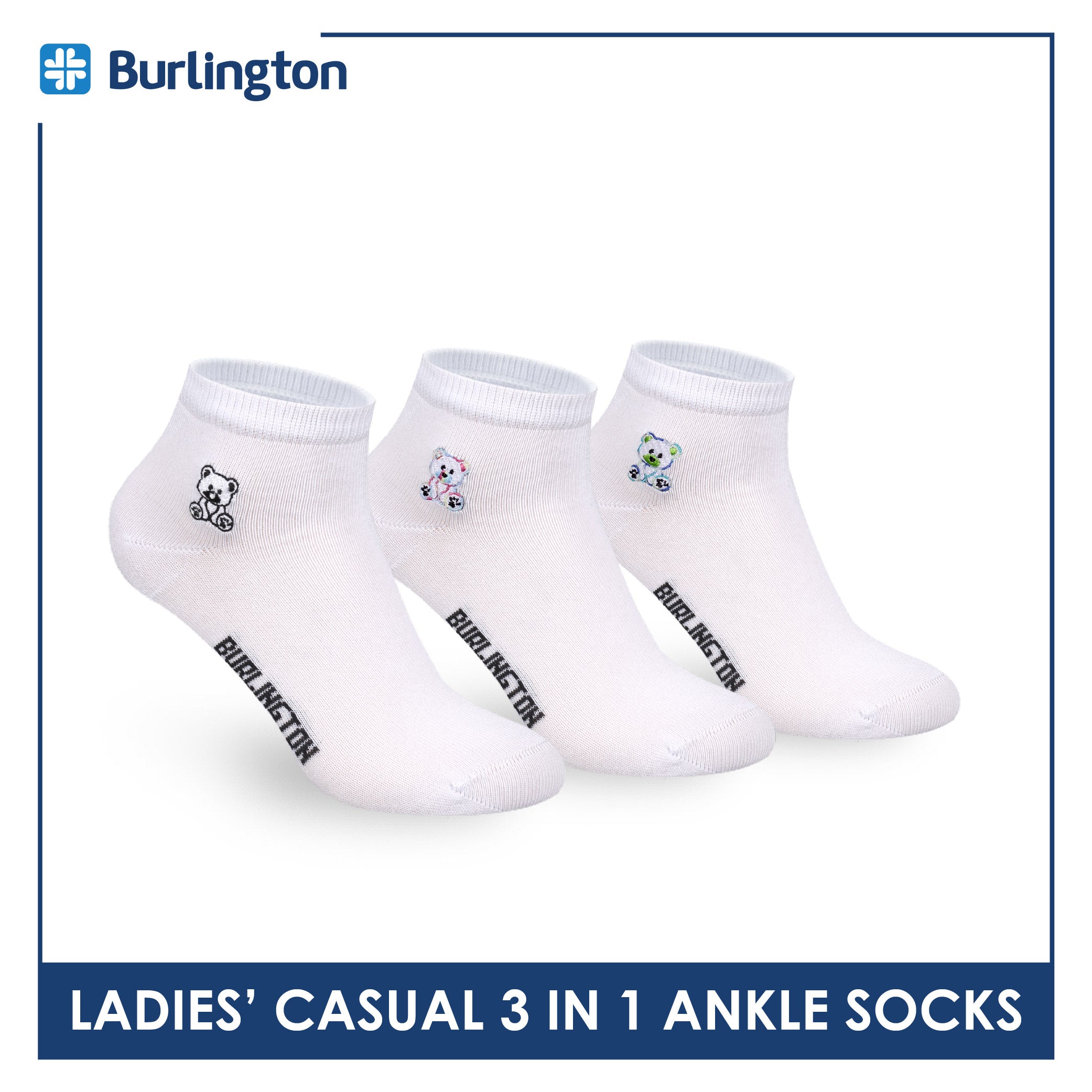 Burlington | Bearlington Ladie's Cotton Embroidered Casual Ankle Socks 3 pairs in a pack TBLE622-5